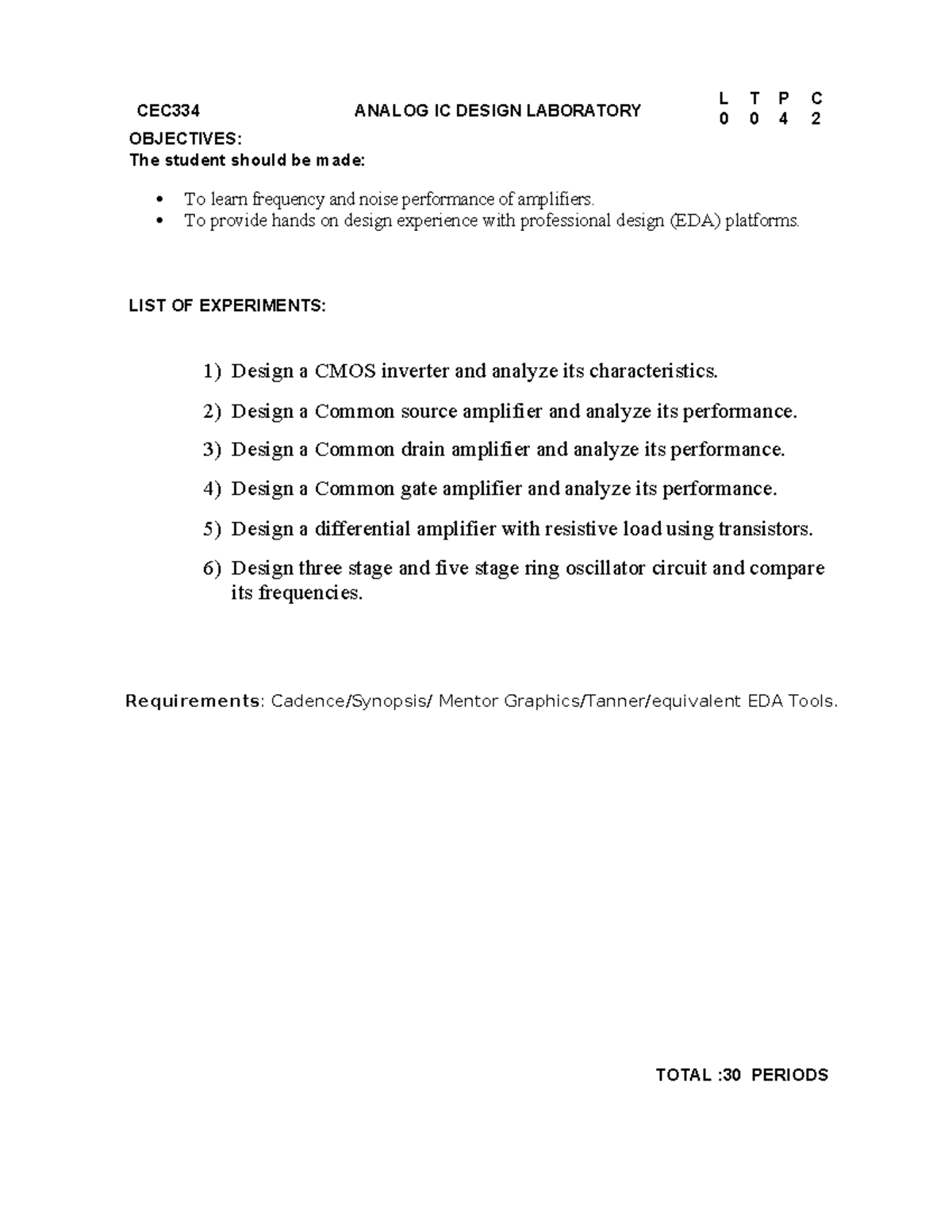 Analog IC Design LAB Manual - CEC334 ANALOG IC DESIGN LABORATORY L T P ...