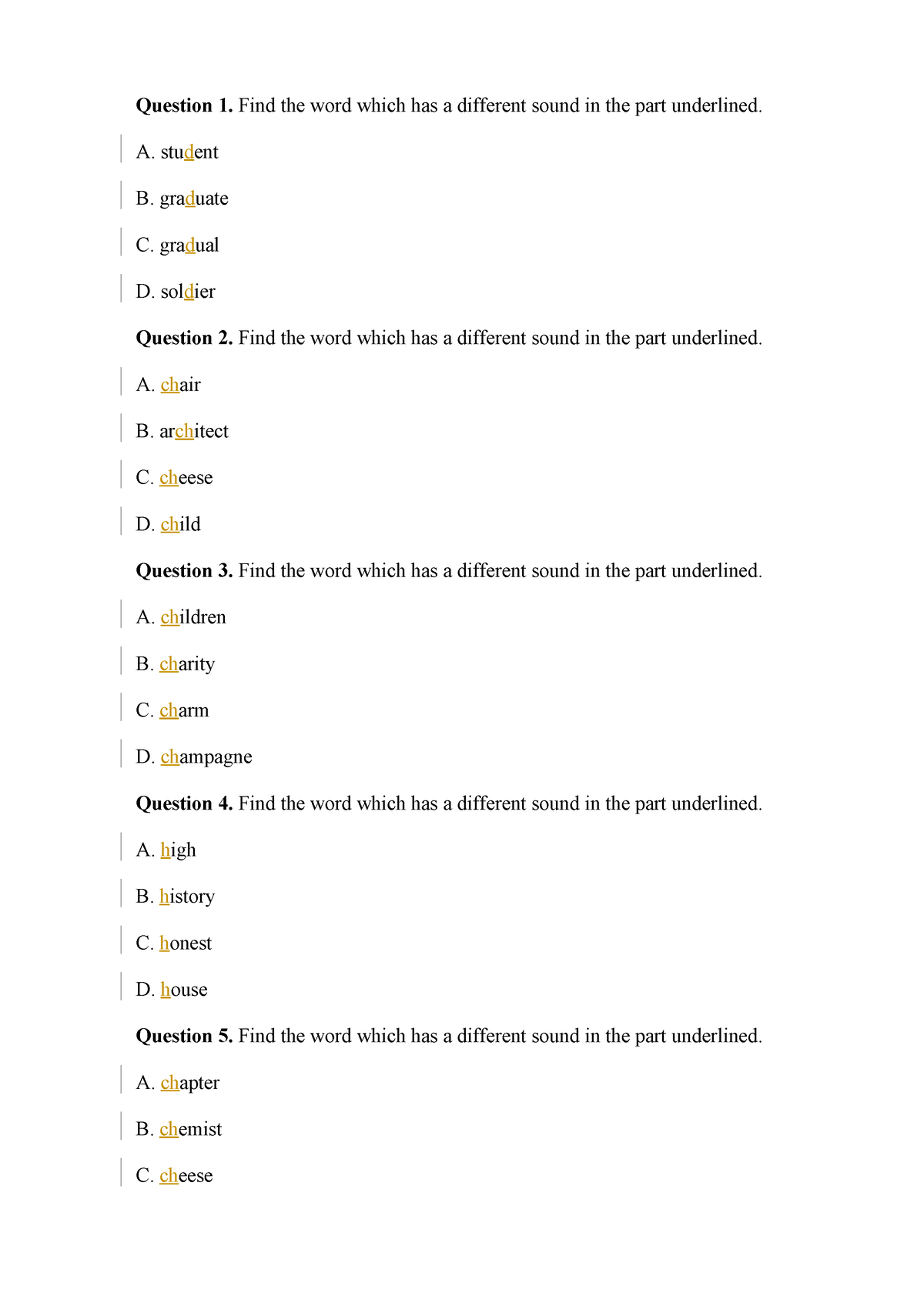 Bt Unit 6 Lop 7 - Question 1. Find The Word Which Has A Different Sound ...