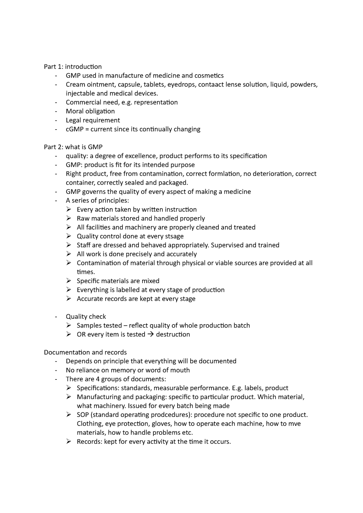 GMP - Summary of goods and manufacturing practice for small quiz ...