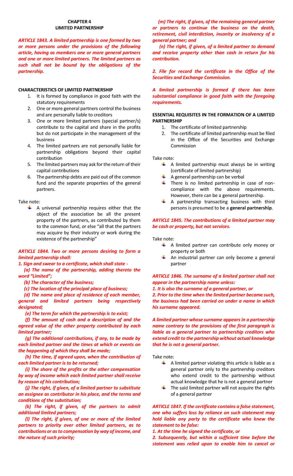 Chapter 4 Reviewer Law Chapter 4 Limited Partnership Article 1843 A Limited Partnership Is One Studocu