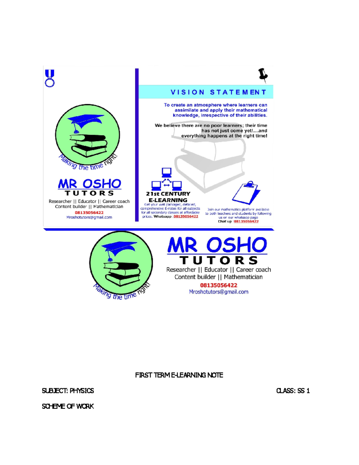 Physics Notes 1-2-3 - FIRST TERM E-LEARNING NOTE SUBJECT: PHYSICS CLASS ...