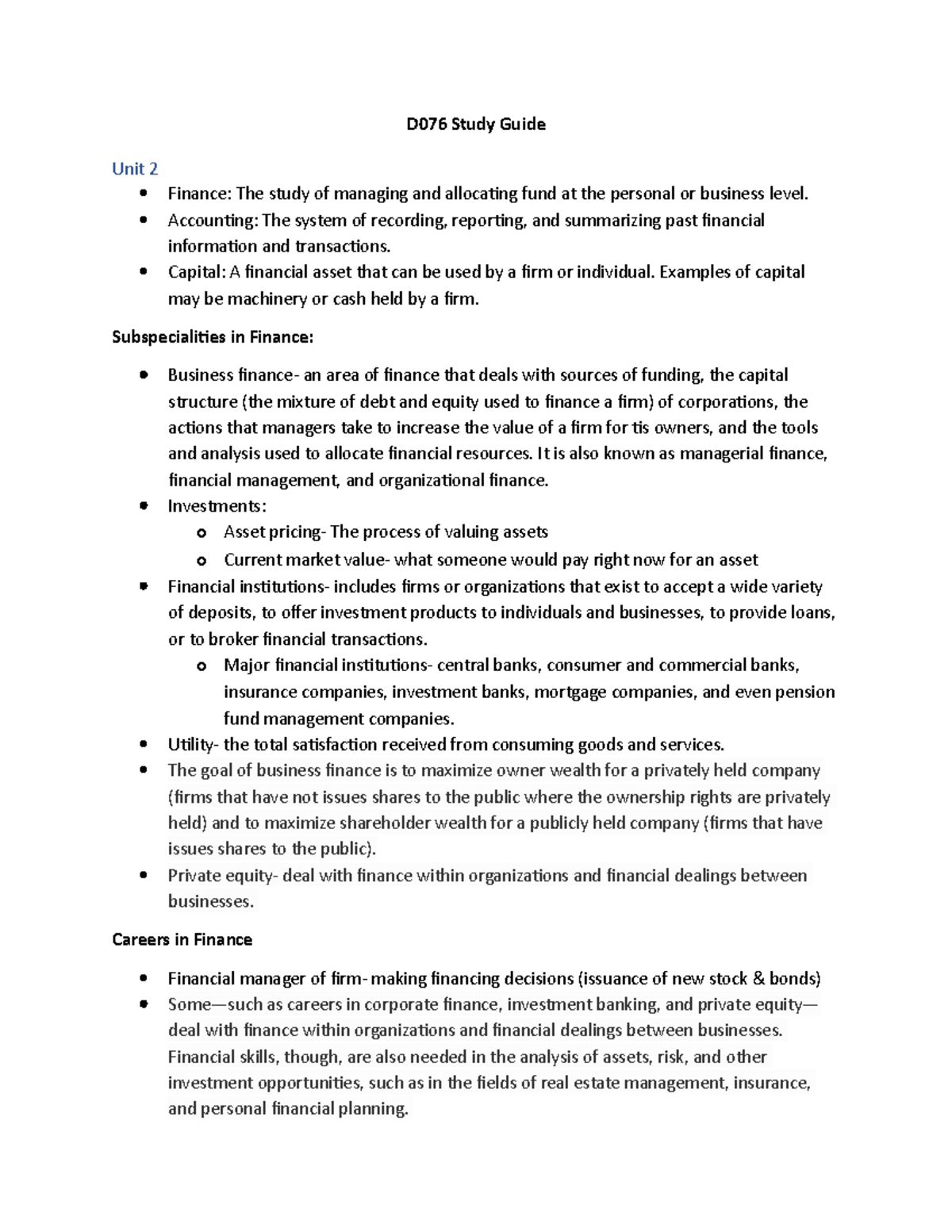 D076 Study Guide - D076 Study Guide Unit 2 Finance: The study of ...