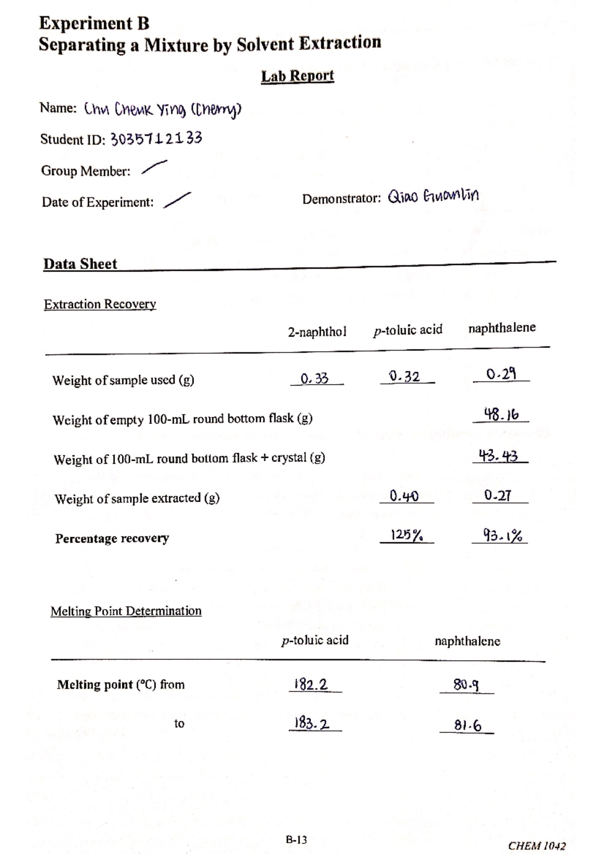 CHEM1042 EXPT B - Experiment B Worksheet - General Chemistry - Studocu