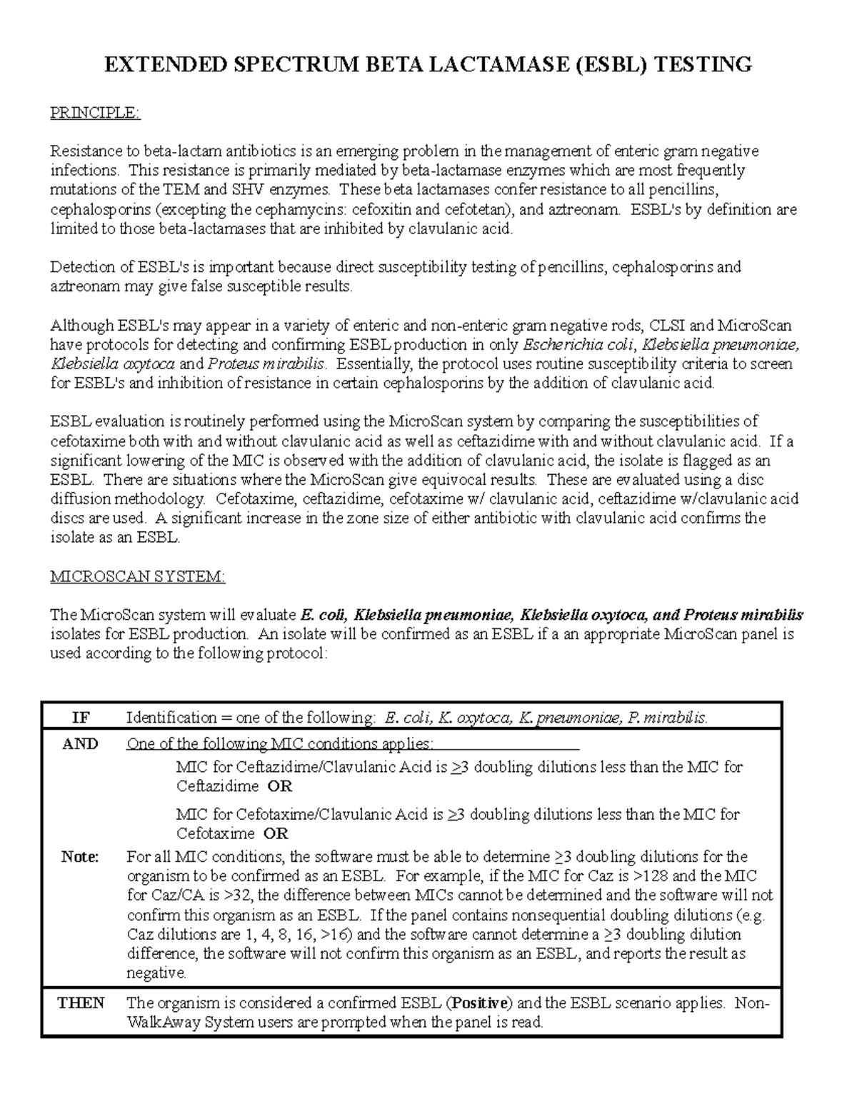 ESBL SOP process - EXTENDED SPECTRUM BETA LACTAMASE (ESBL) TESTING ...