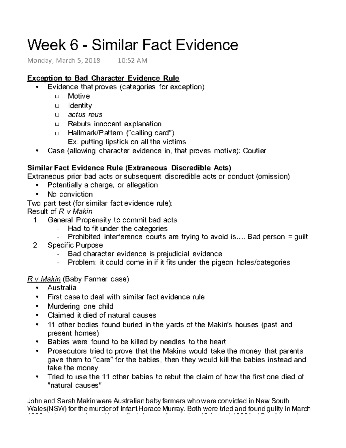 Week 6 - Similar Fact Evidence - Week 6 - Similar Fact Evidence Monday ...