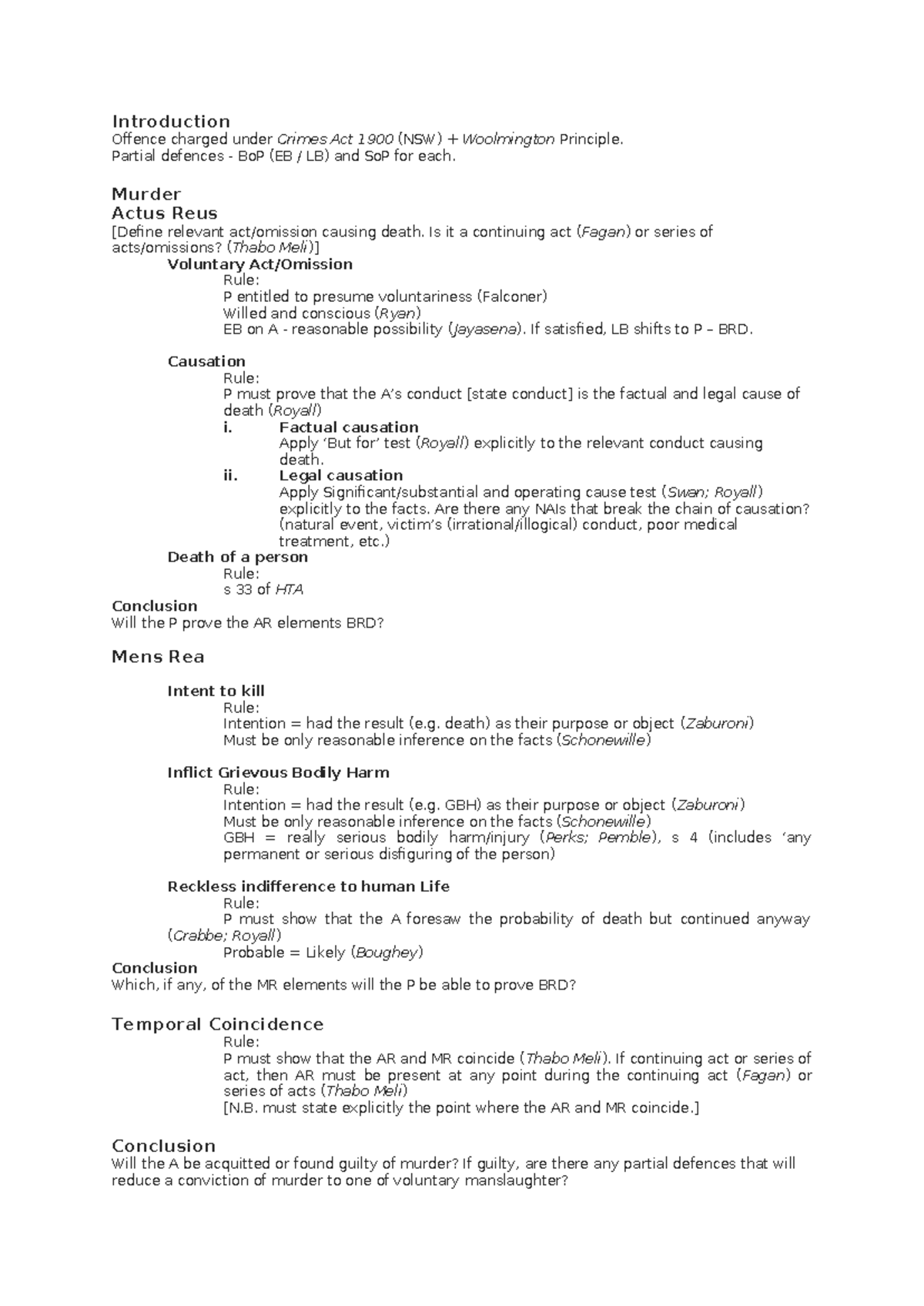 Murder + partial defences base scaffold - Introduction Offence charged ...