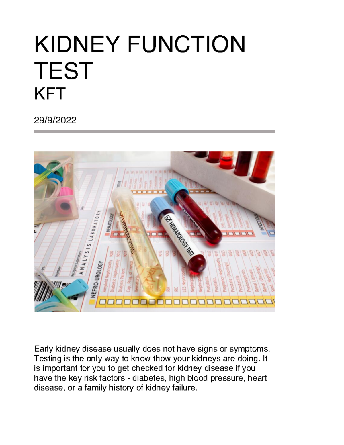 Kidney function tests KIDNEY FUNCTION TEST KFT 29/9/ Early kidney