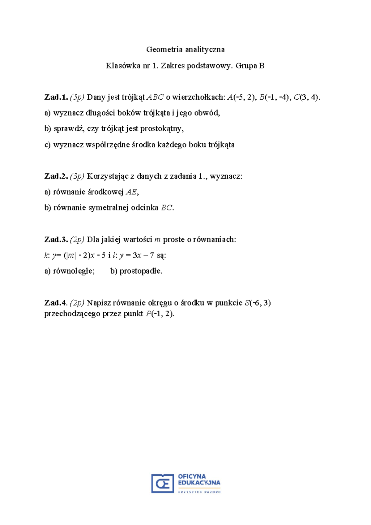 2019 1 klasowka kl2 analityczna zp b wer1 - Geometria analityczna