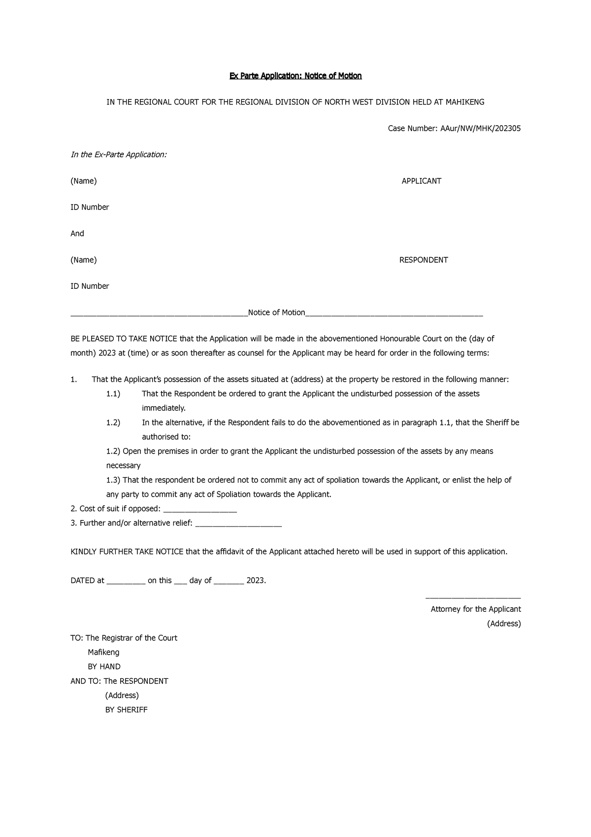 Application Ex Parte Application Notice Of Motion And Head Of Pleading 