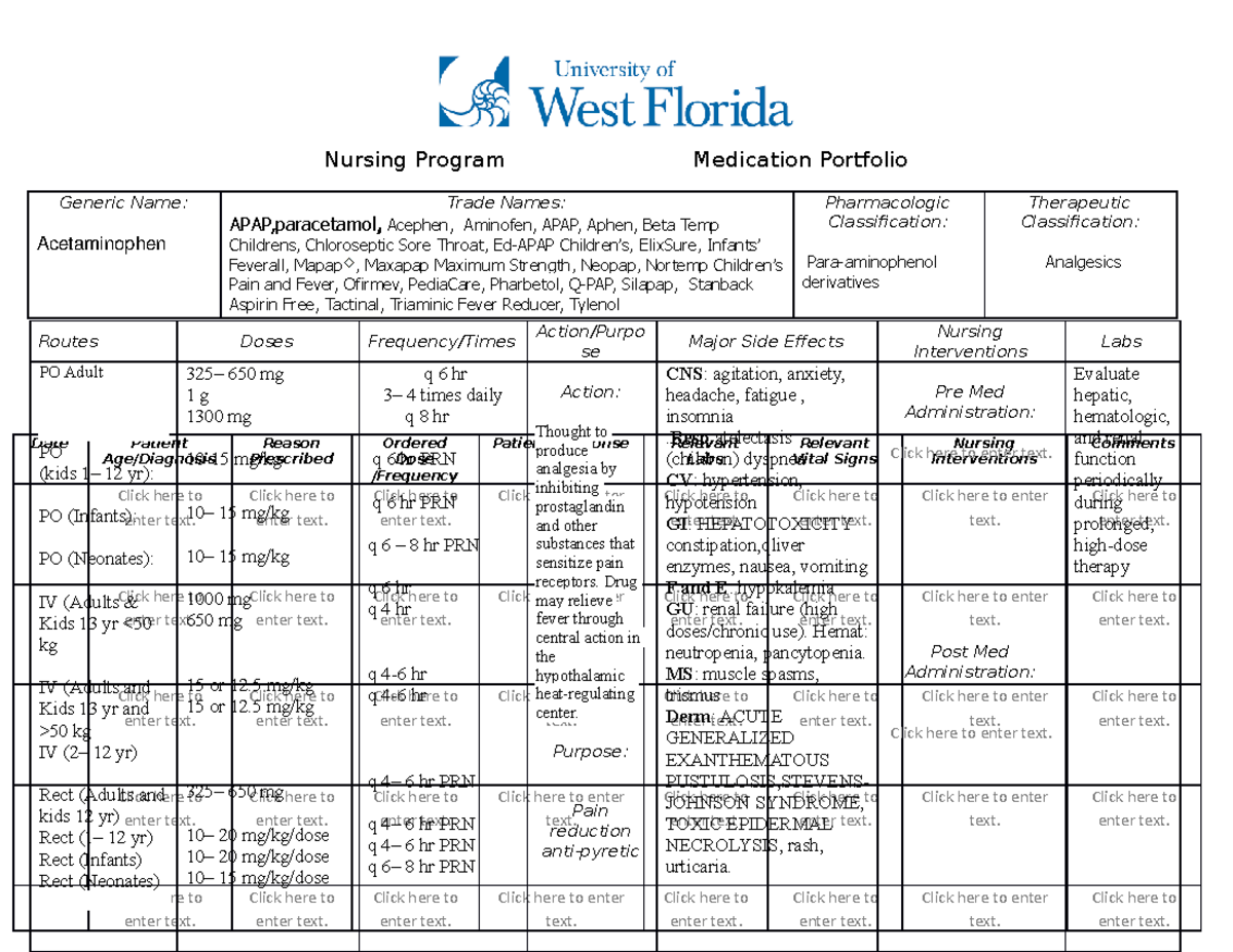 Acetaminophen Drug Card Nursing Program Generic Name Acetaminophen