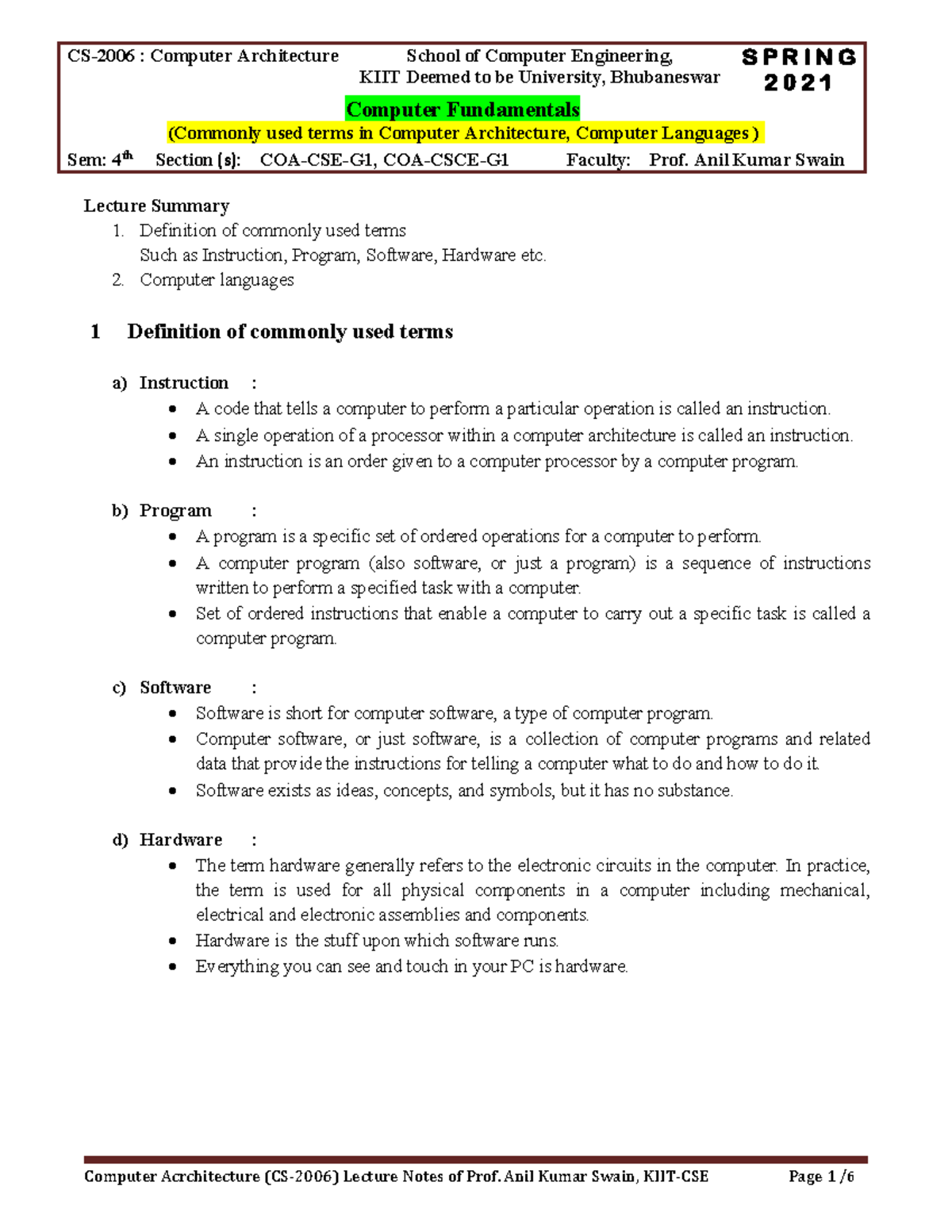 1. Commonly USED Terms IN COA Lecture Summary 1. Definition of