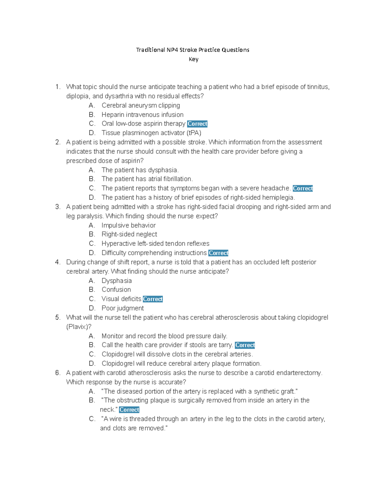 Stroke Practice Key - Traditional NP4 Stroke Practice Questions Key 1 ...