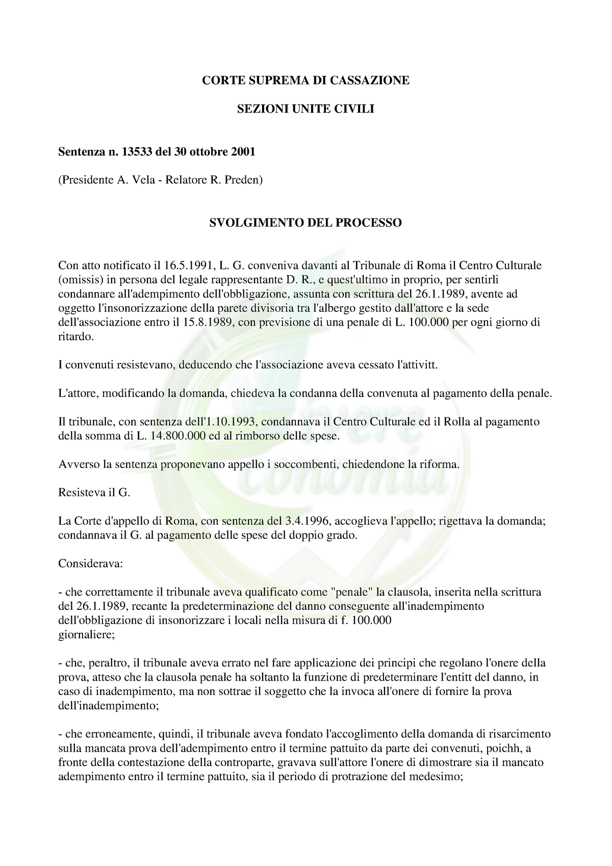 Sentenza N. 13533 Del 30 Ottobre 2001 - CORTE SUPREMA DI CASSAZIONE ...