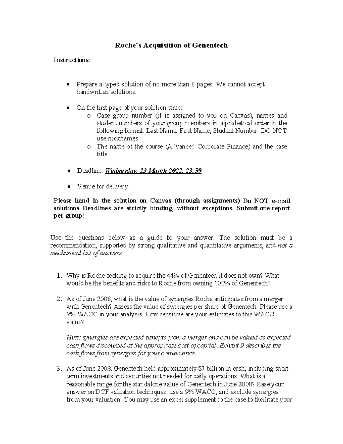 Roche Case Study Instructions 2022 - Roche's Acquisition of Genentech ...