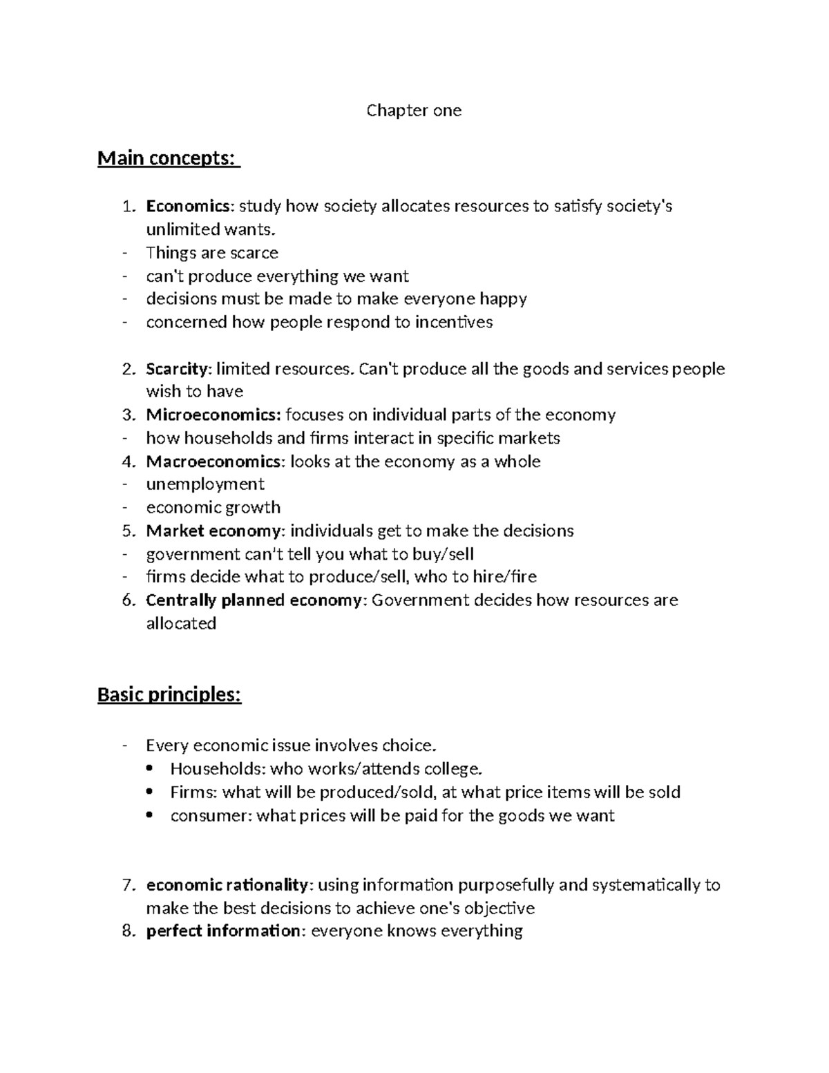 Chapter 1&2 notes - Chapter one Main concepts: Economics: study how ...