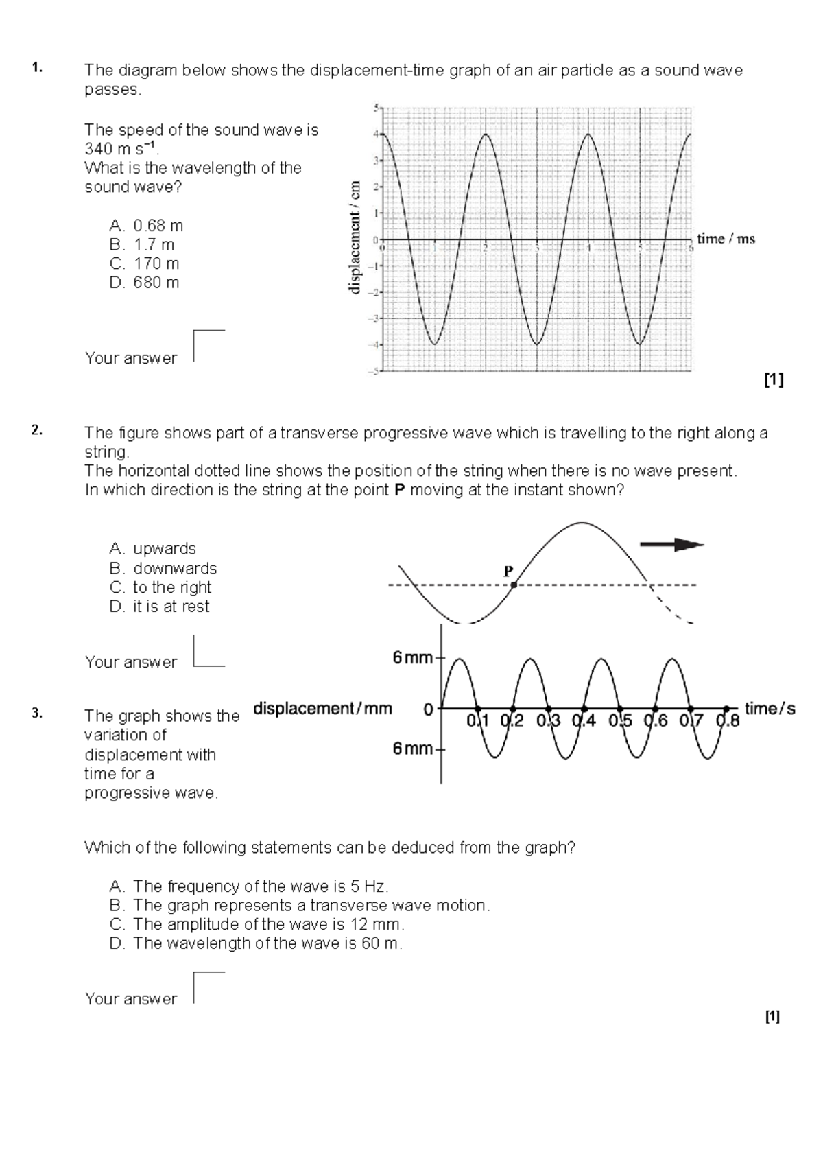 141218 - Progressive Waves - Practice Questions - 1. The diagram below ...