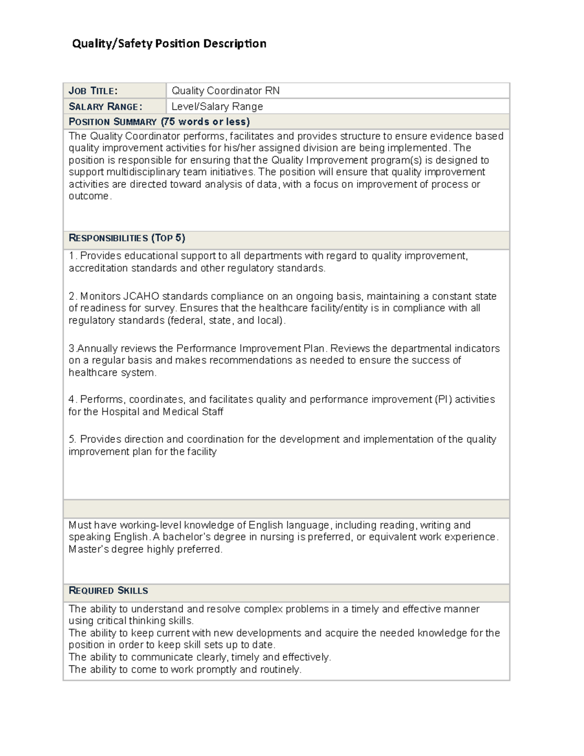 Nurse Quality Position Description - Position Description JOB TITLE ...