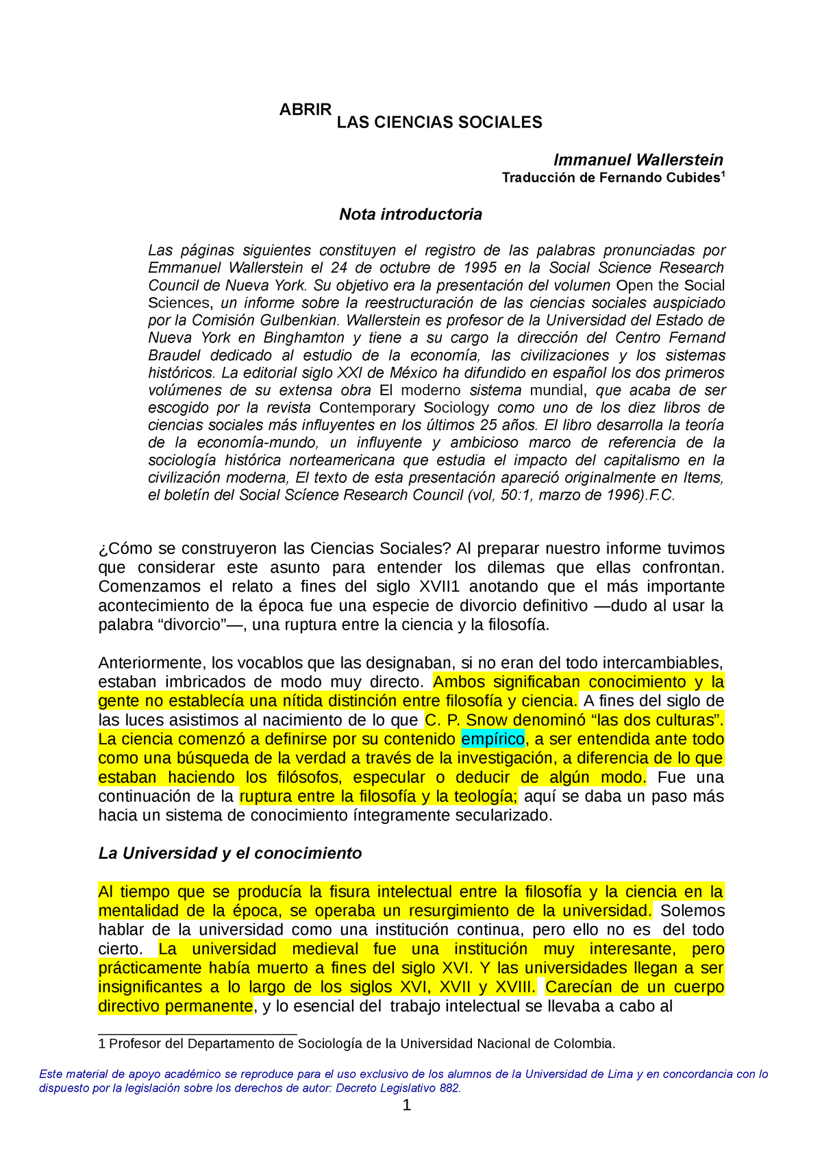 1 Primera Lectura Wallerstein Abrir Las Ciencias Sociales 1 Abrir Las Ciencias Sociales 2211