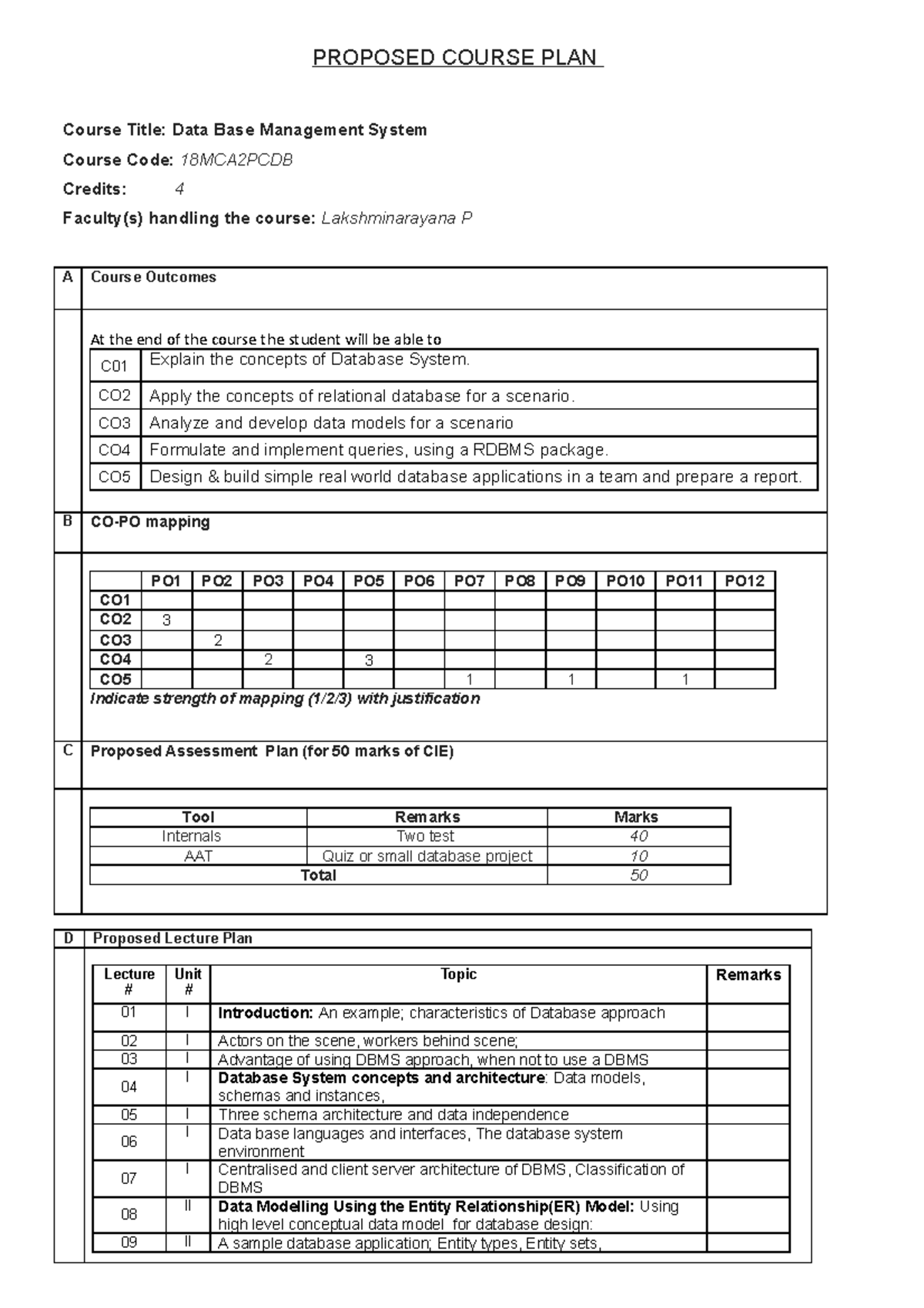 Course Plan-DBMS 2019 - lab - PROPOSED COURSE PLAN Course Title: Data ...