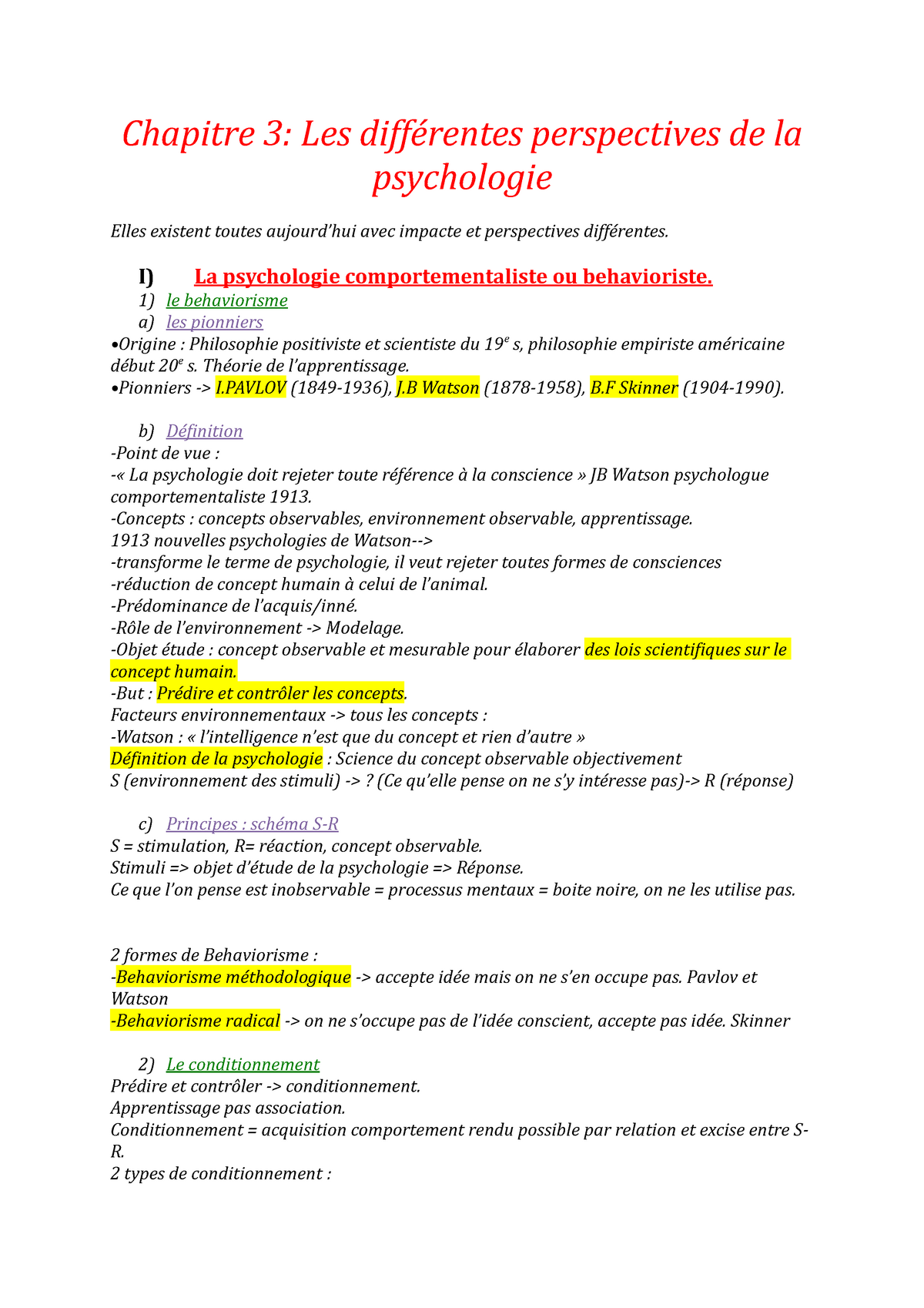 Chapitre 3 De Psychologie Chapitre 3 Les Differentes Perspectives De La Psychologie Elles Studocu