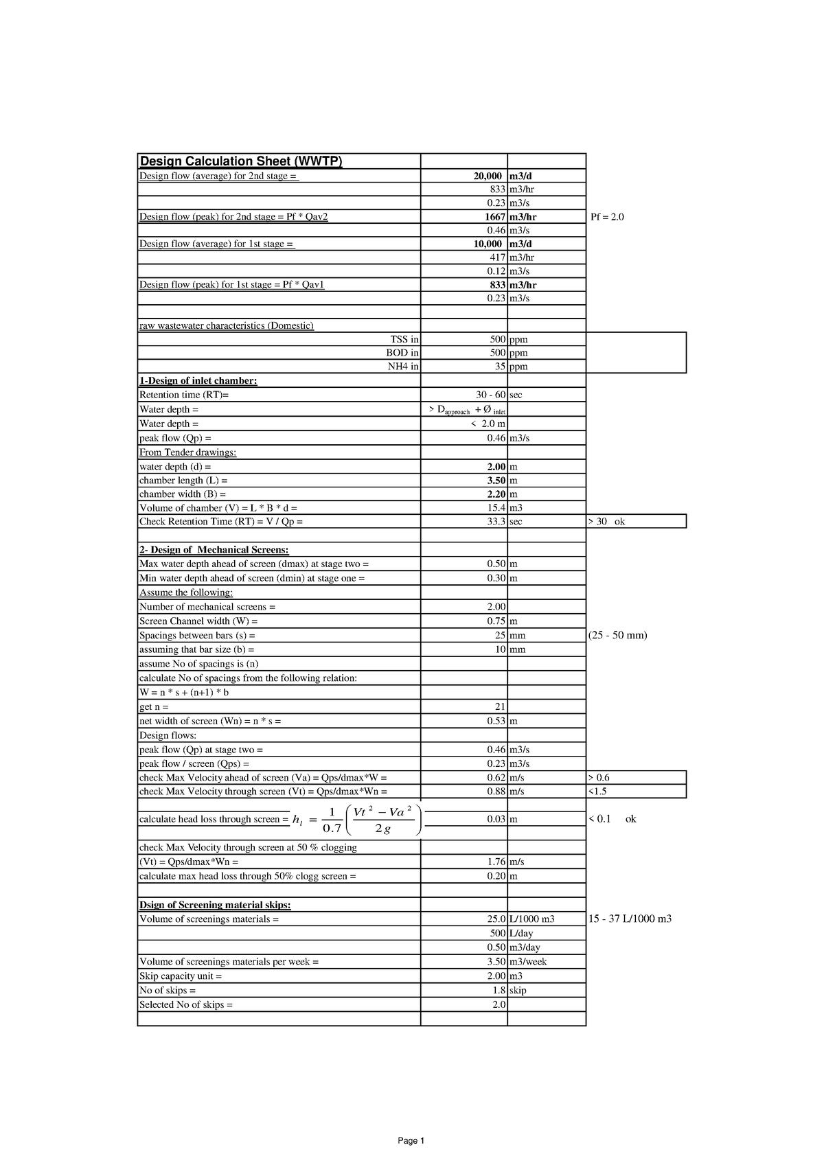 النوتة الحسابية للمعالجة الابتدائية - Design Calculation Sheet (WWTP ...