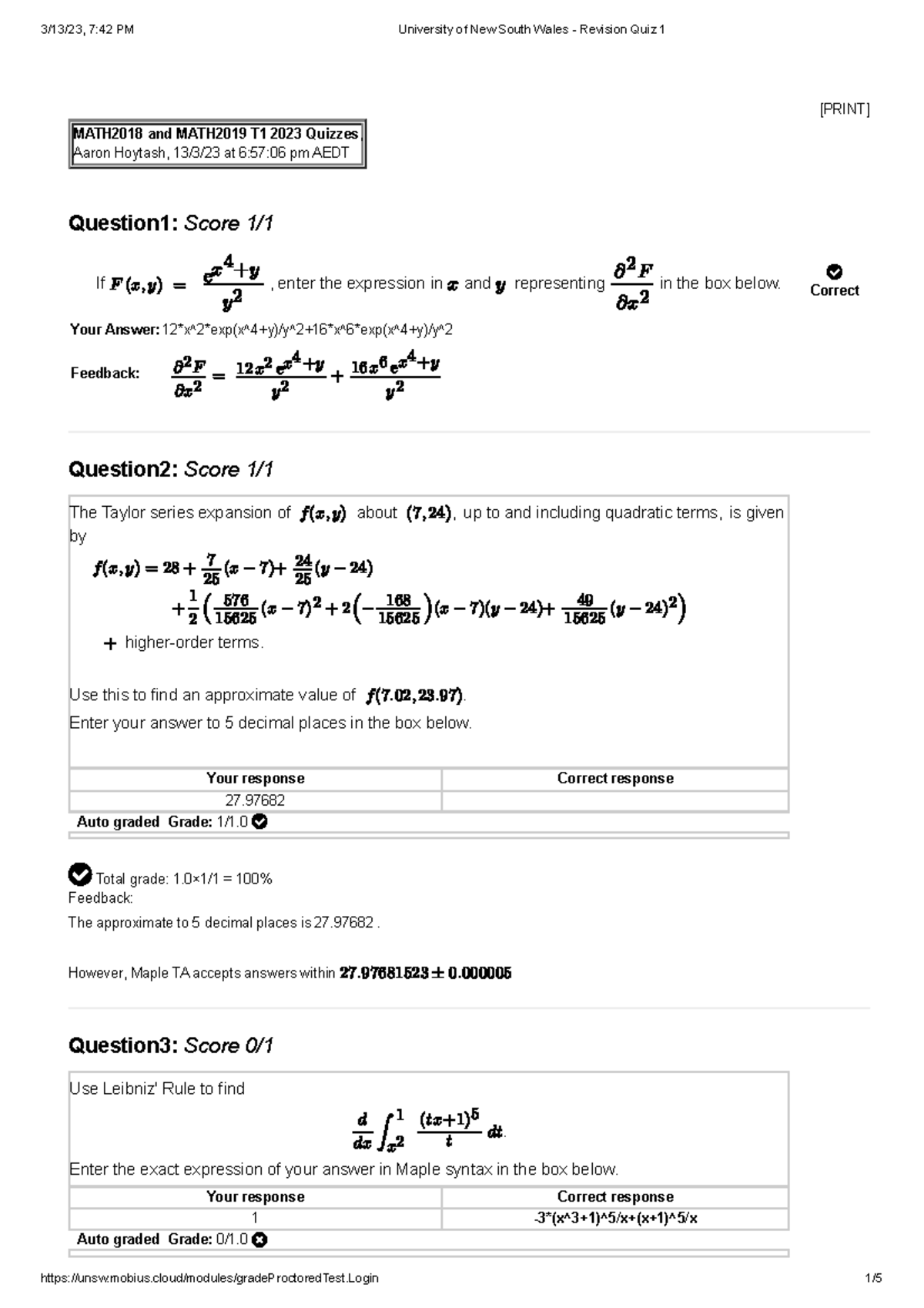 University of New South Wales - Revision Quiz 1 - 50% - [PRINT ...