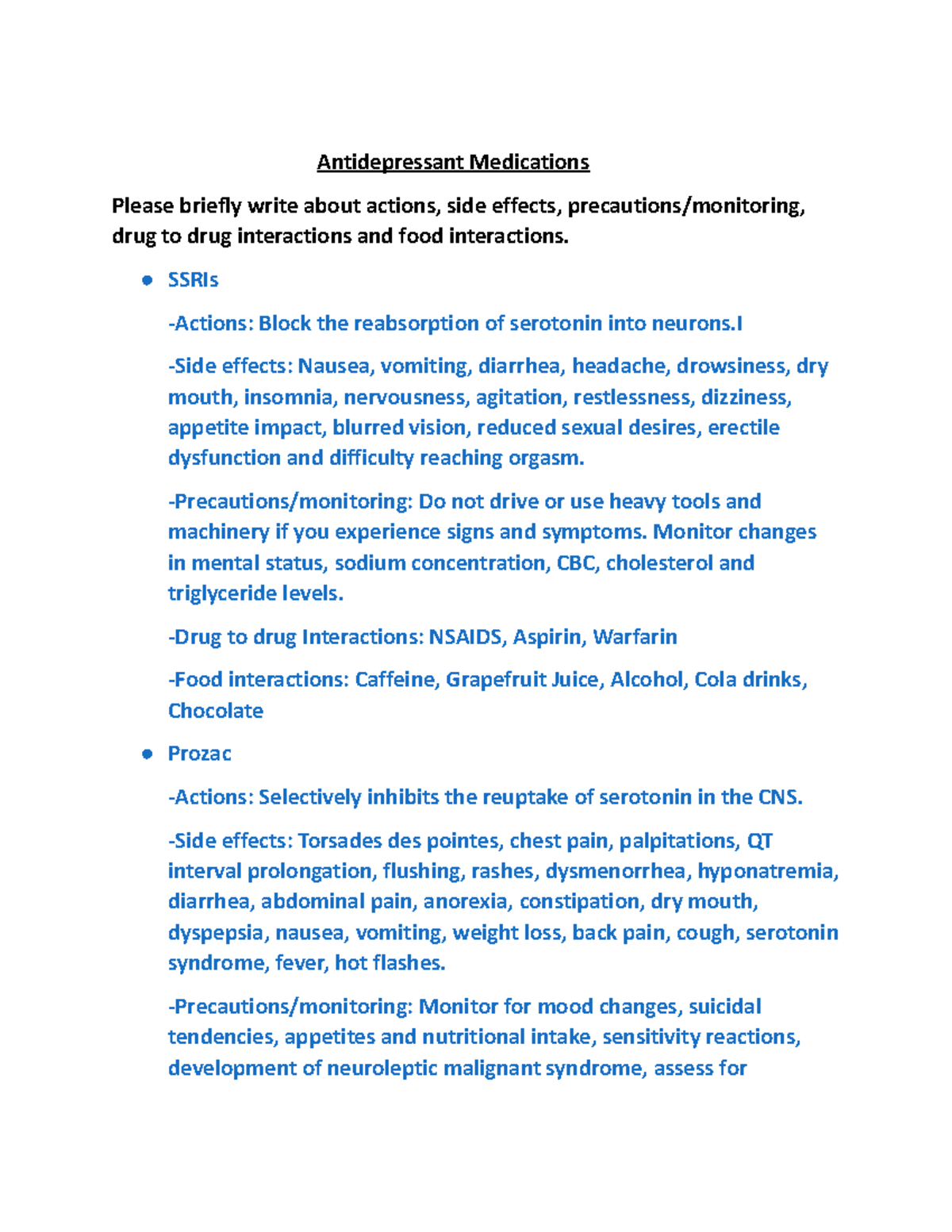 Antidepressant Medications Worksheet - Antidepressant Medications ...
