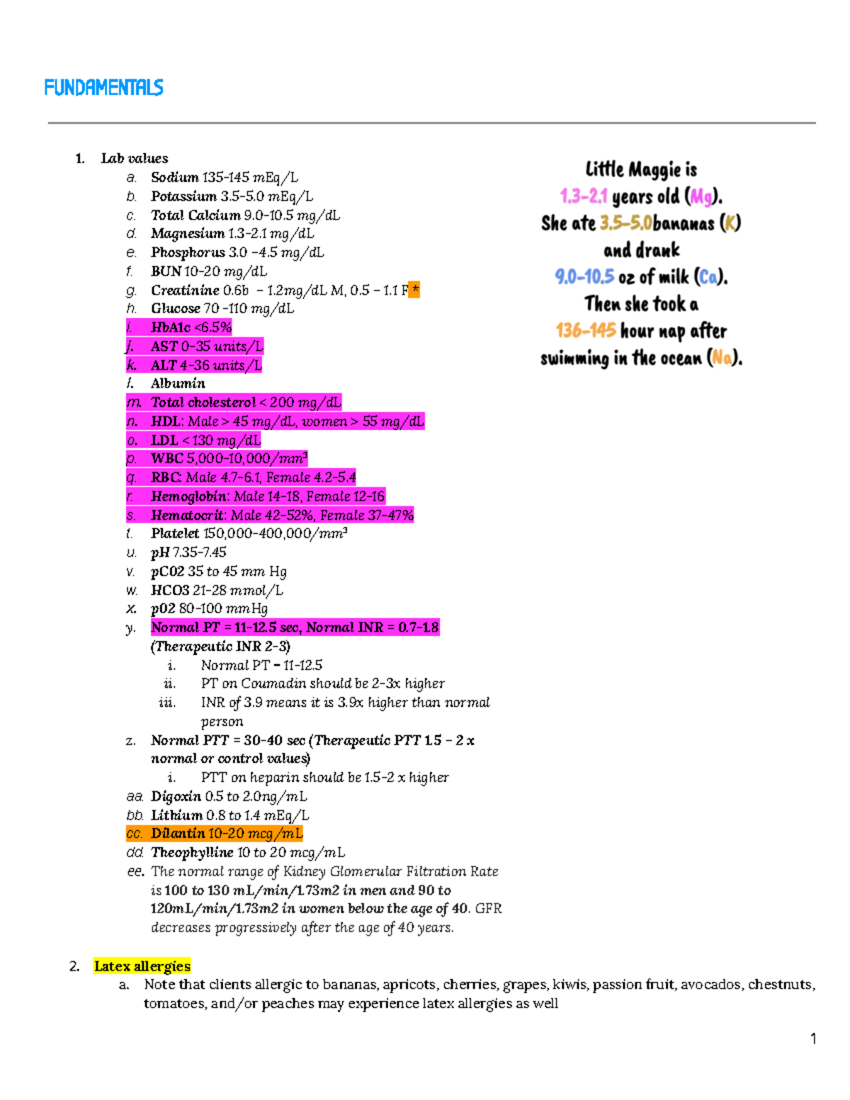ATI Notes FUNDAMENTALS Lab values a. Sodium 135 145 mEq/L b
