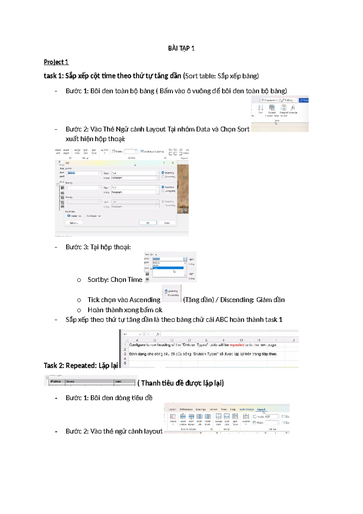 Tổng hợp MOS WORD - BÀI TẬP 1 Project 1 task 1: Sắp xếp cột time theo ...