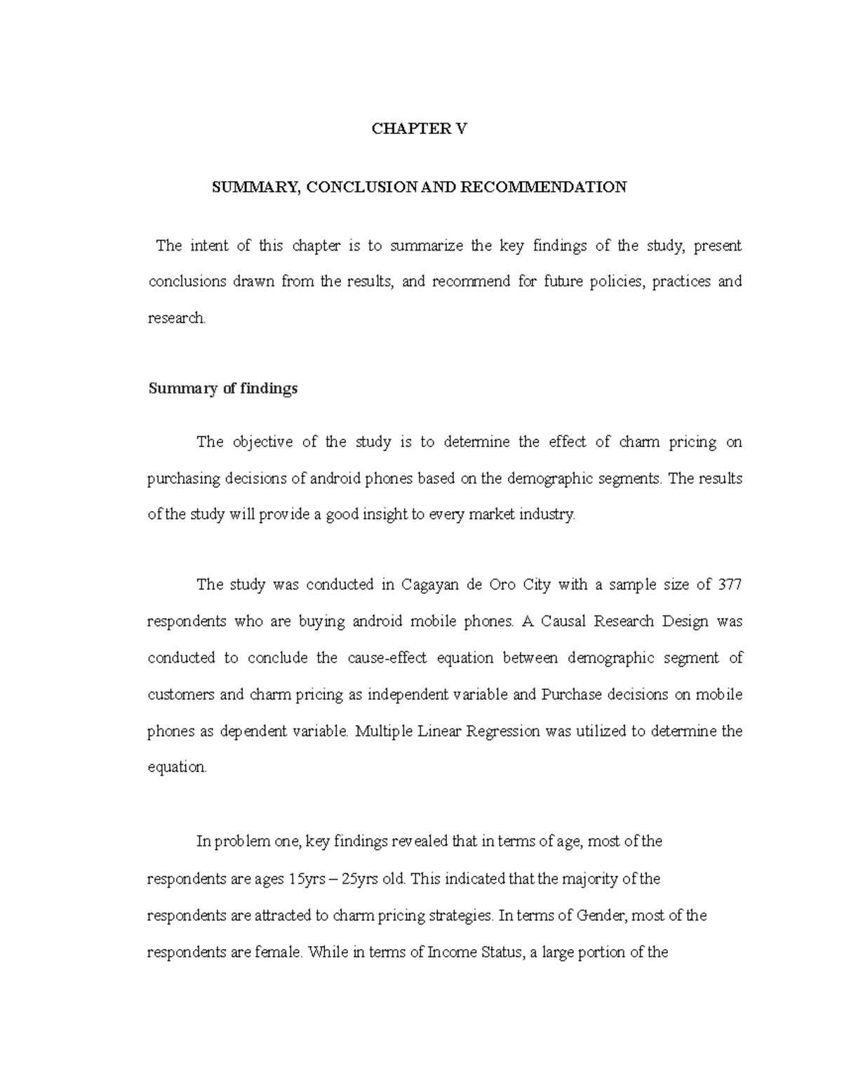 Chapter IV Marketing Research - Summary, Conclusion AND Recommendation ...