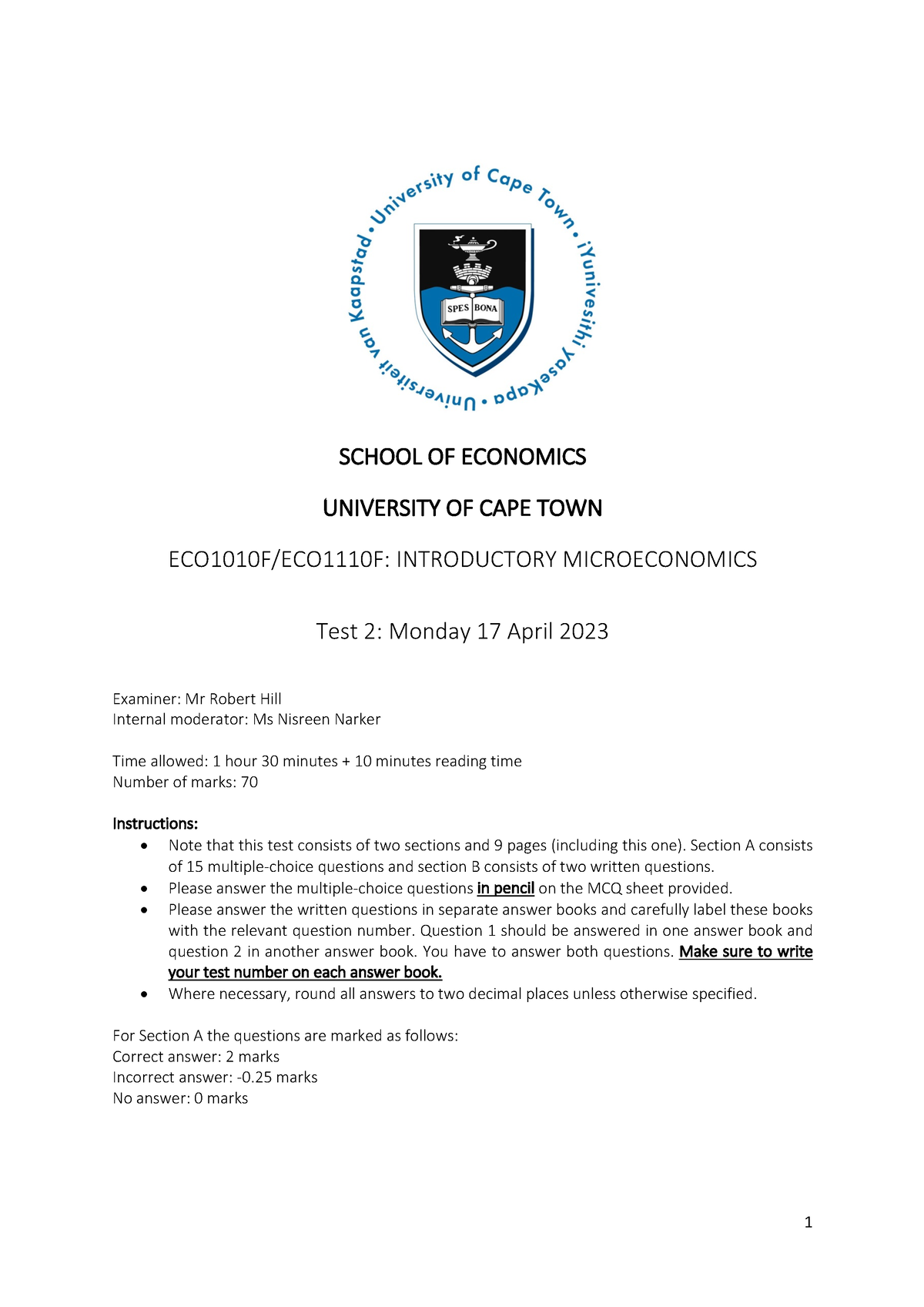 ECO1010.1110F Test 2 2023 - SCHOOL OF ECONOMICS UNIVERSITY OF CAPE TOWN ...