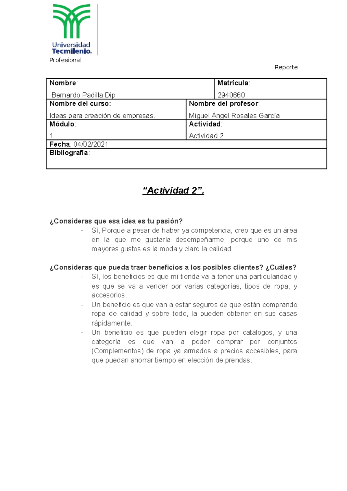 Actividad 2. Ideas para creación de empresas - Reporte Nombre ...