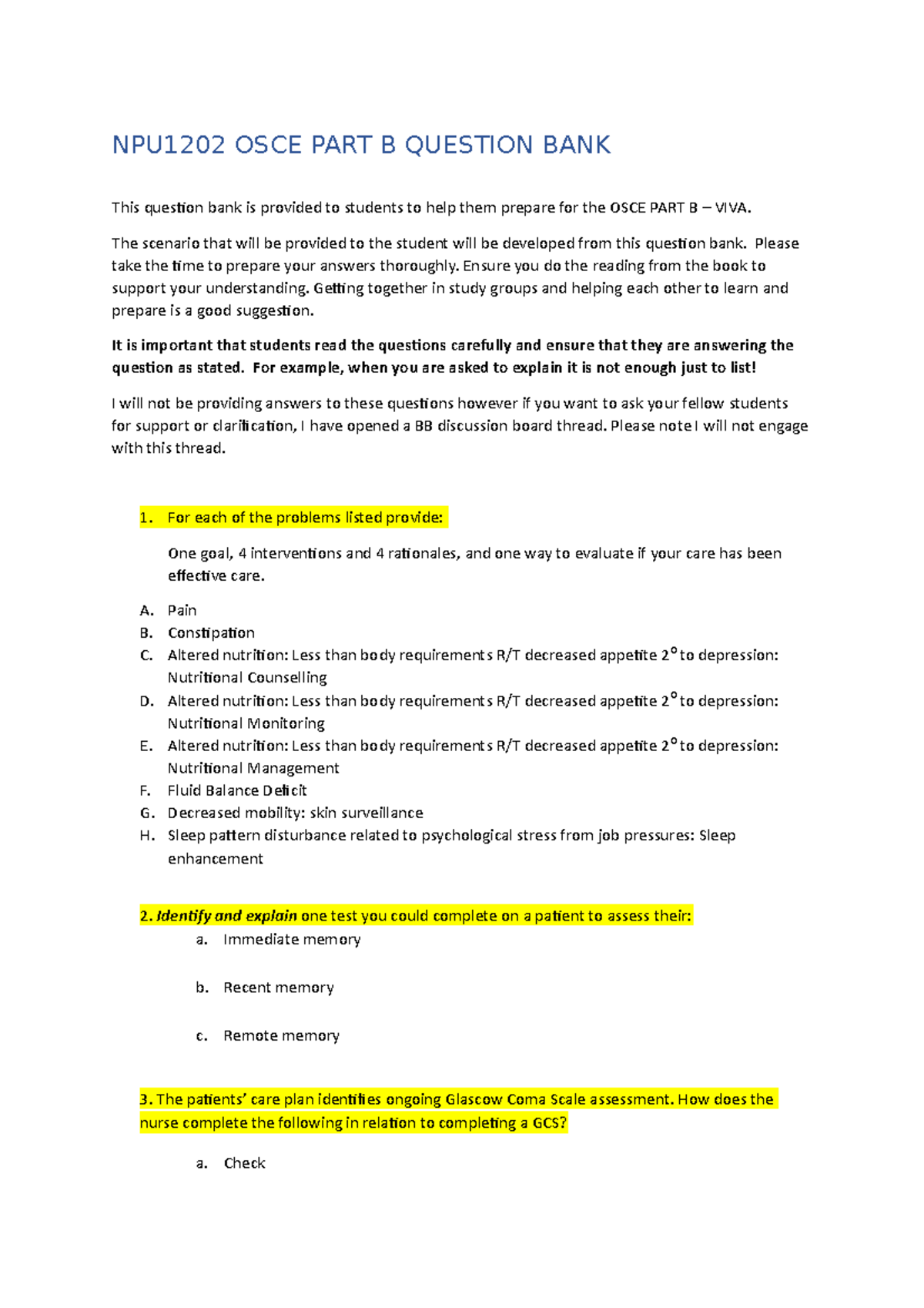 Question Bank Osce - Osce - NPU1202 OSCE PART B QUESTION BANK This ...