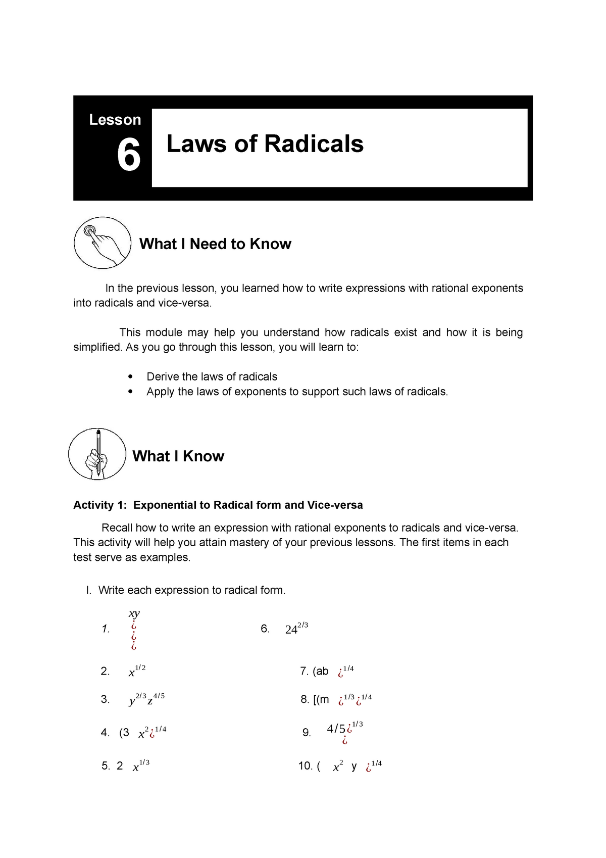 Math9 Q2 W6 Laws Of Radicals V3 Lesson Laws Of Radicals 6 In The Previous Lesson You Learned 