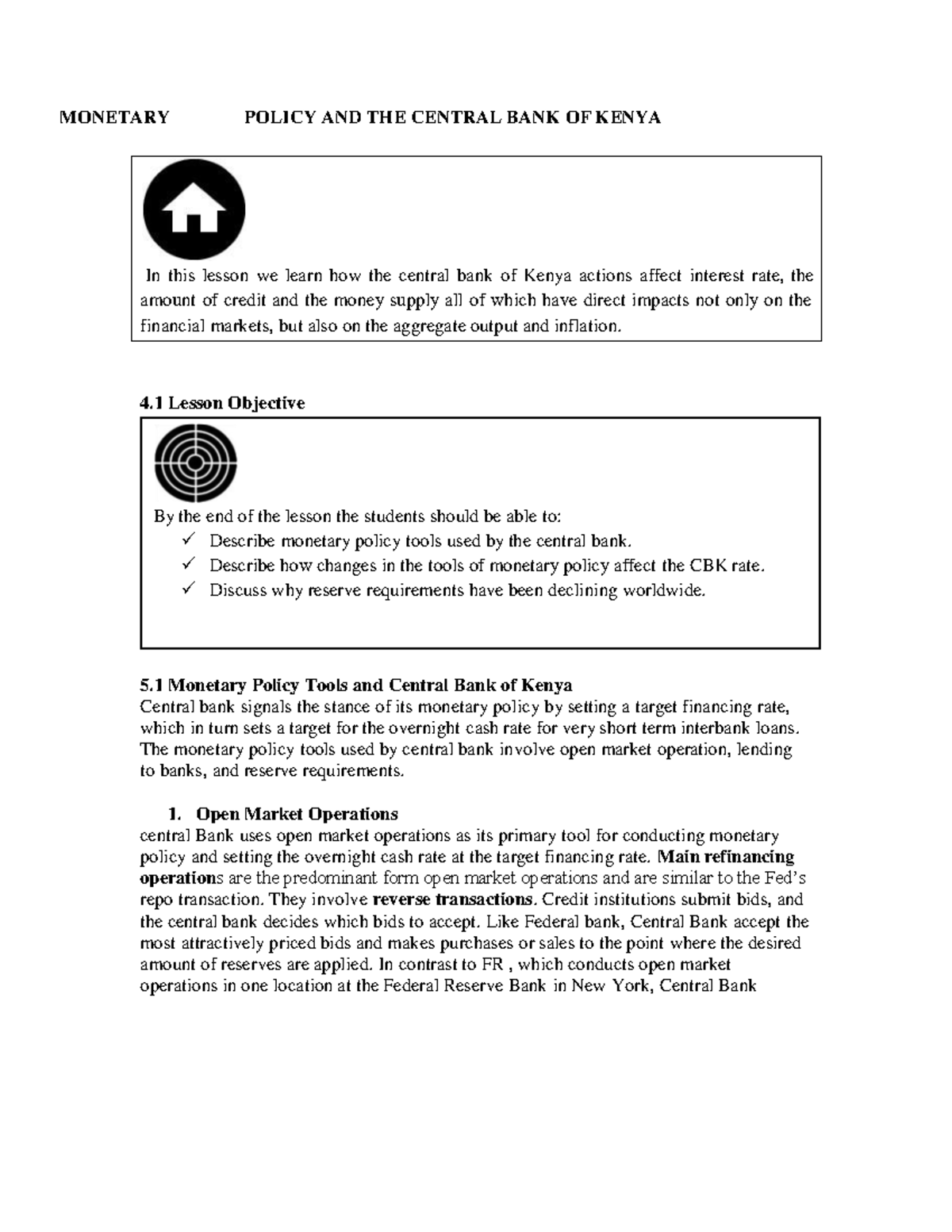 Monetary Policy AND THE Central BANK OF Kenya notes - MONETARY POLICY ...