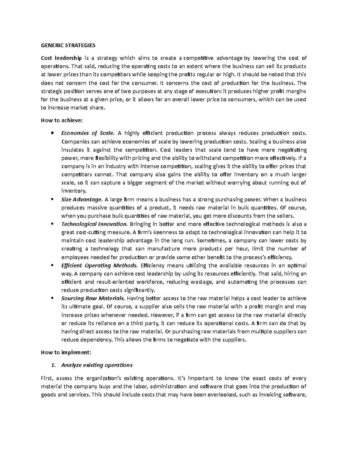 Strategies Notes Erwin - GENERIC STRATEGIES Cost leadership is a ...