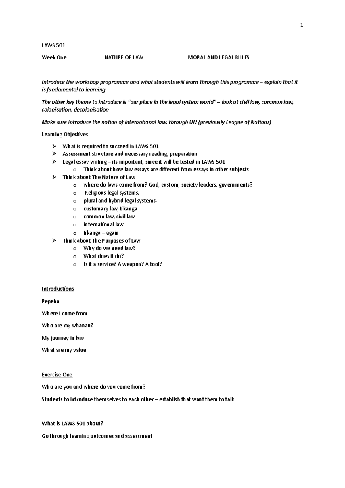 Week One 2022 notes - Lecture note week 1 - 1 LAWS 501 Week One NATURE ...