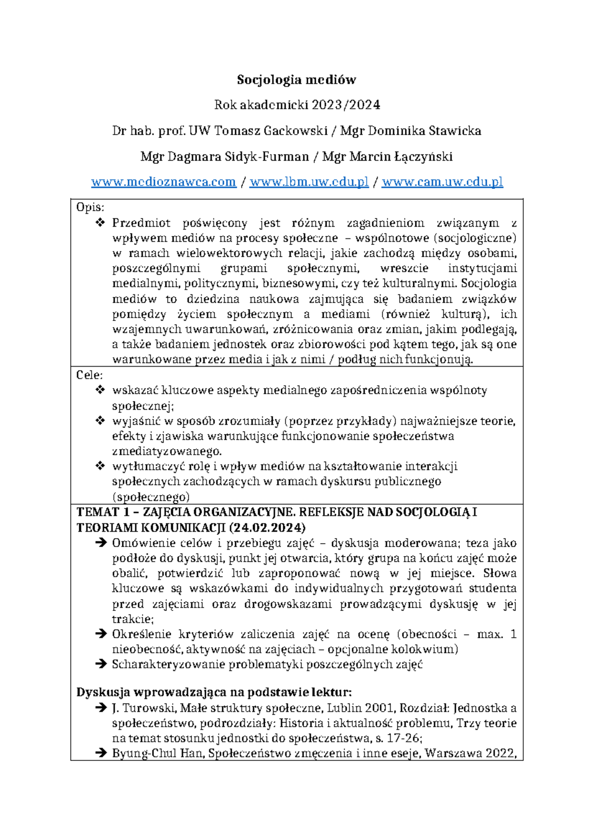 Socjologia mediów - sylabus zaoczne 2023-2024 — wersja rozszerzona