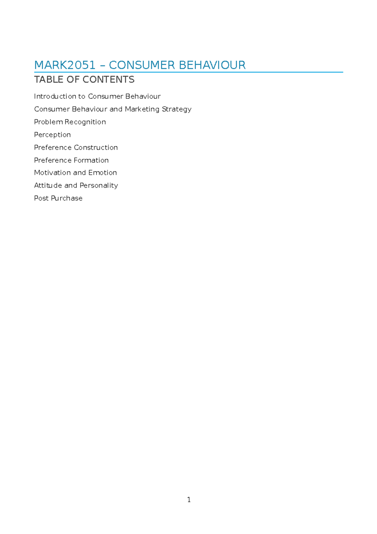 MARK2051 T2 Lecture Notes - MARK2051 – CONSUMER BEHAVIOUR TABLE OF ...