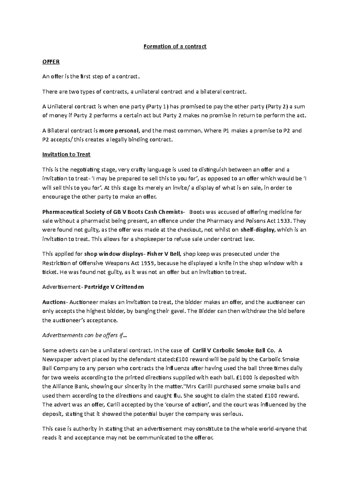 Formation of a contract - Formation of a contract OFFER An offer is the ...