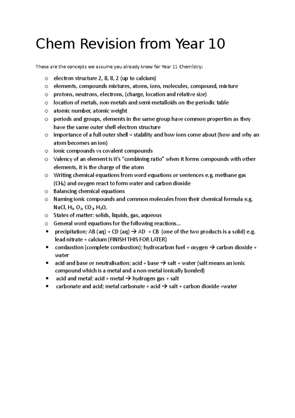 Yr 10 Revision for Yr 11 Chem1 Chem Revision from Year 10 These are the concepts we assume