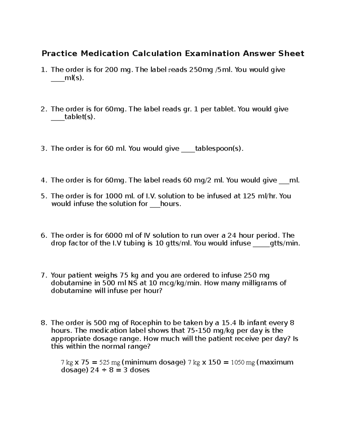 Practice Medication Calculation Examination Without Answer Sheet 