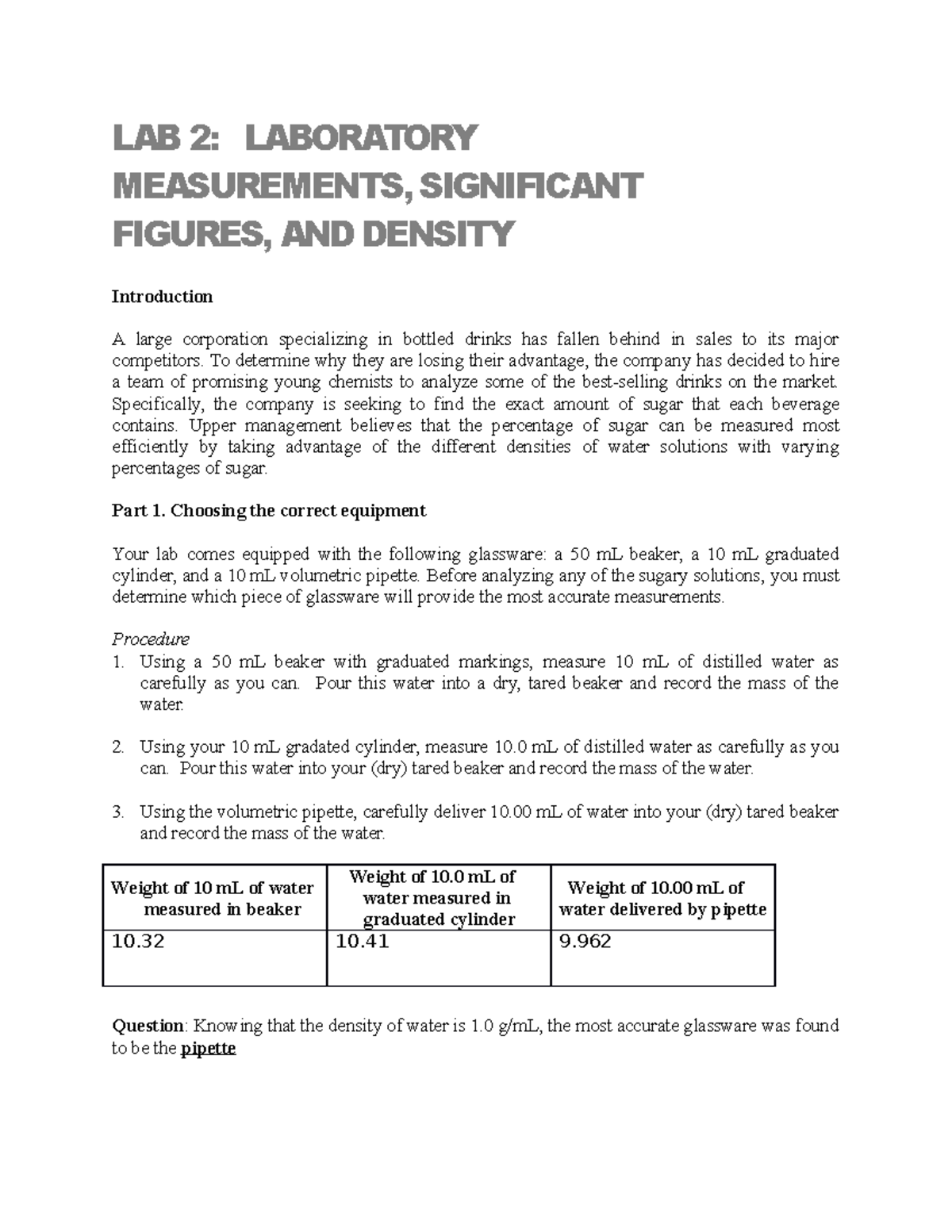 Lab 2 laboratory measurements and density LAB 2 LABORATORY