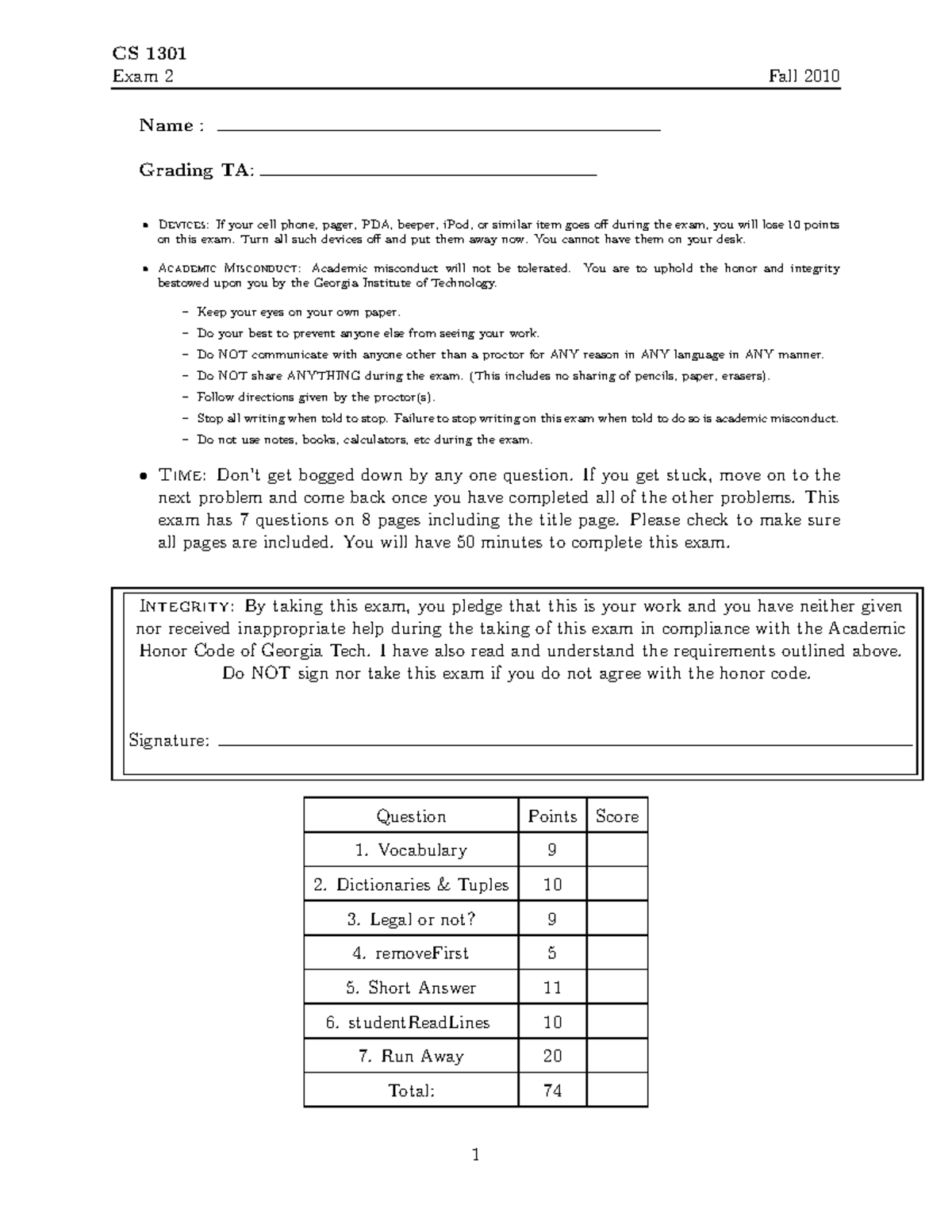 FA10 Exam 2 - Practice Exams - CS 1301 Exam 2 Fall 2010 Name : Grading ...