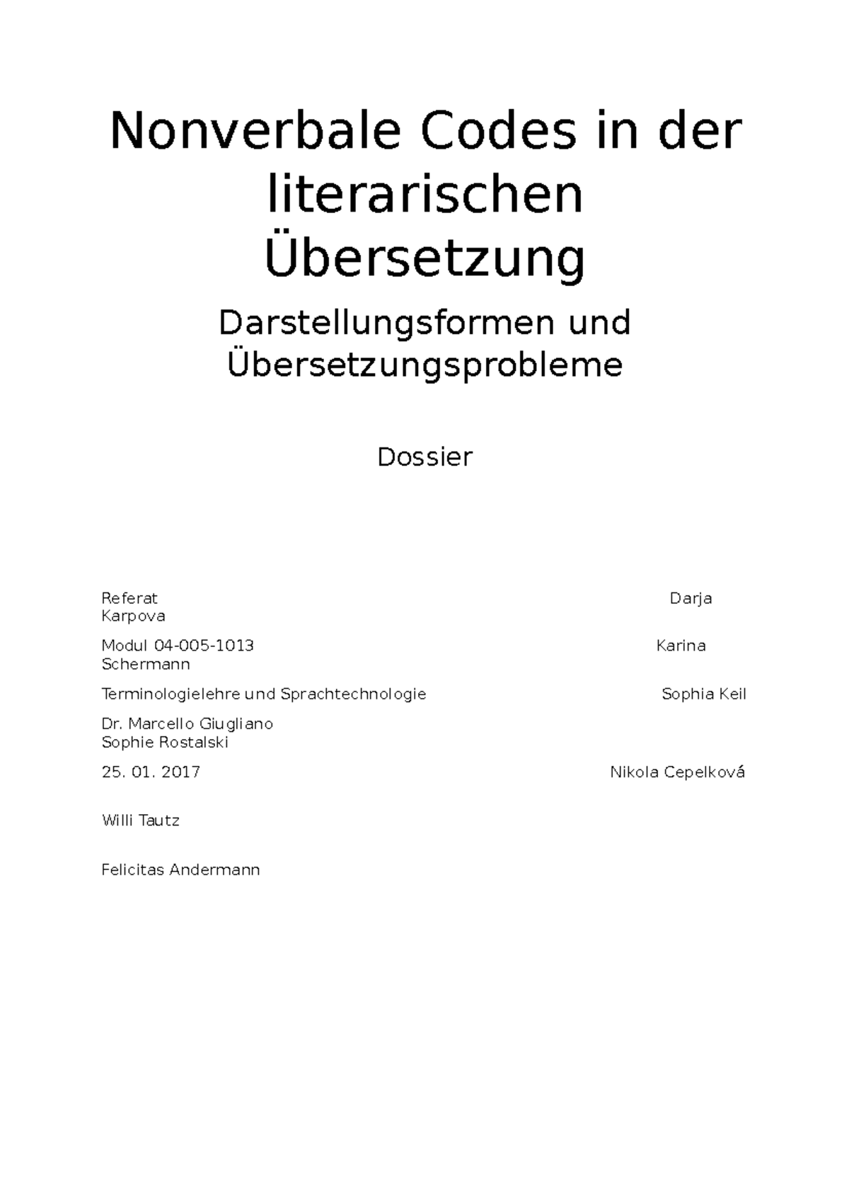 Nonverbale Codes in der literarischen Übersetzung Nonverbale Codes in