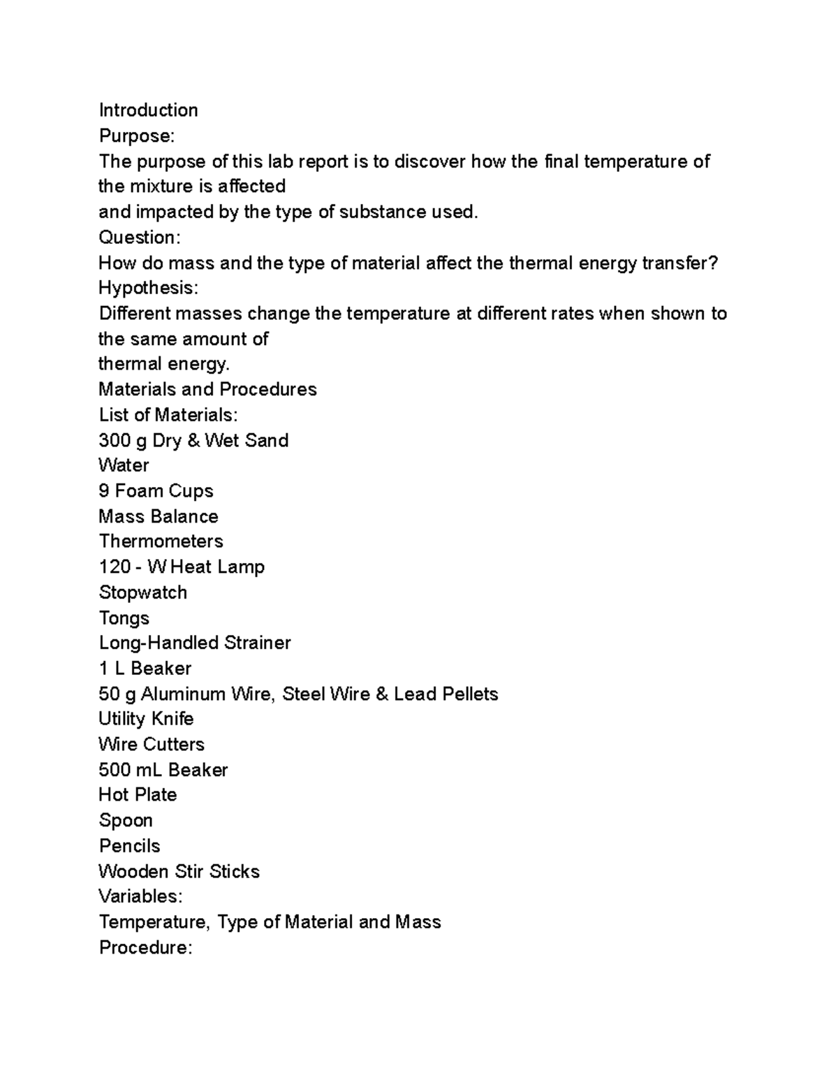 Lab Thermal Energy Transfer Introduction Purpose The purpose of this