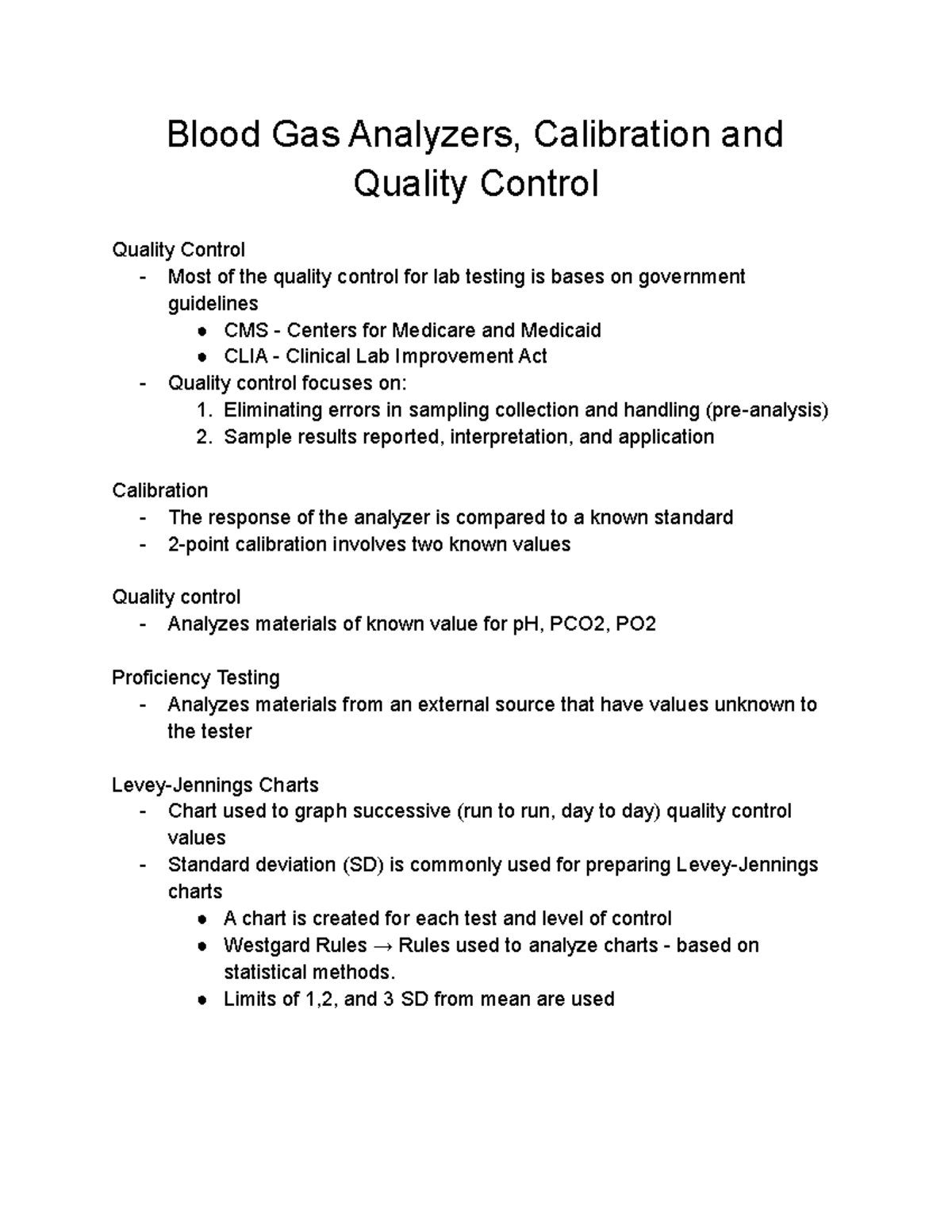 Blood Gas Analyzers, Calibration and Quality Control Blood Gas