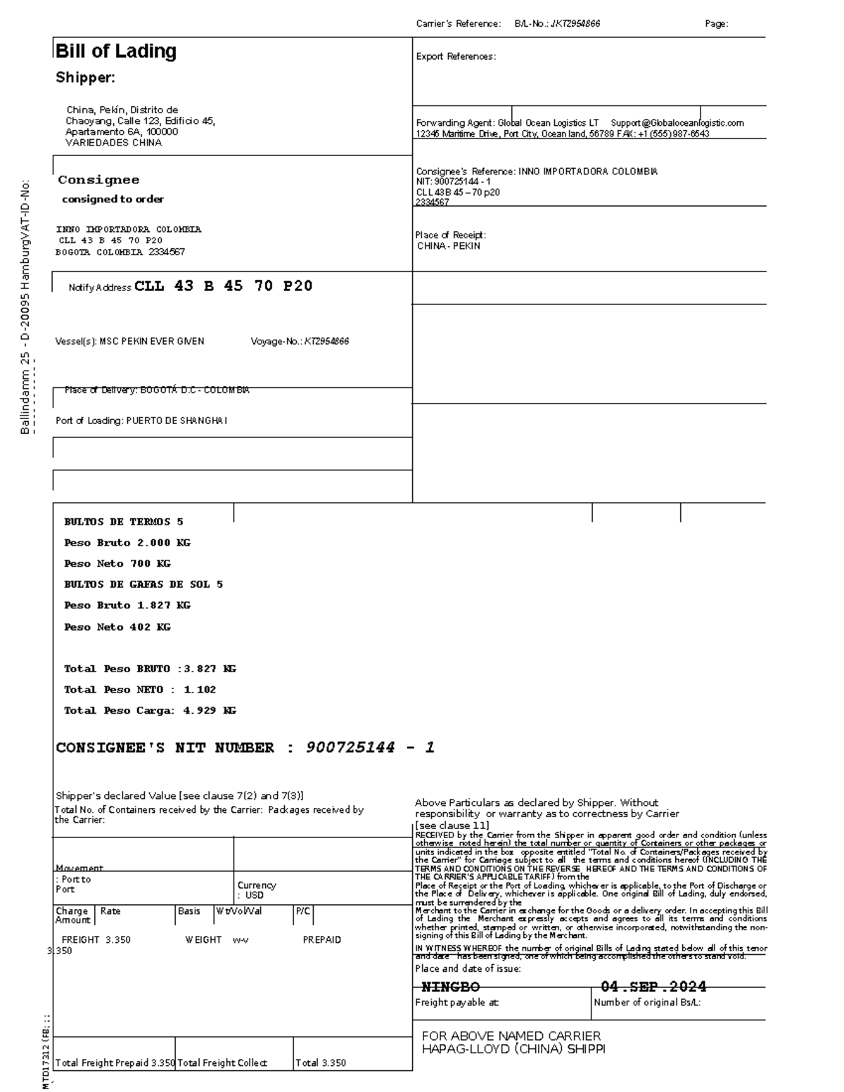 BILL OF Landing BL Editable - Bill of Lading Shipper: China, Pekín ...