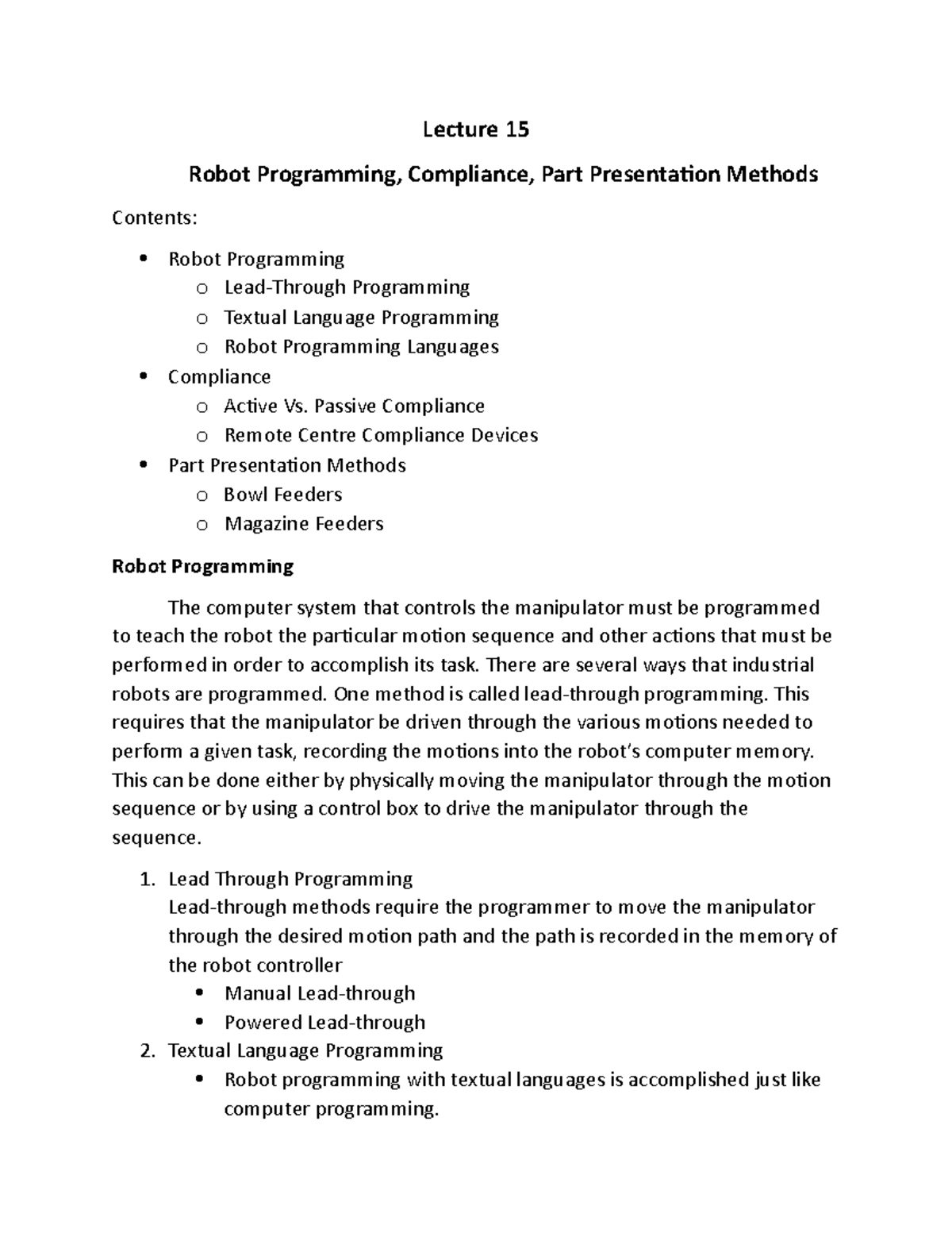 Lecture 15 -robot programming, compliance and part presentation methods ...