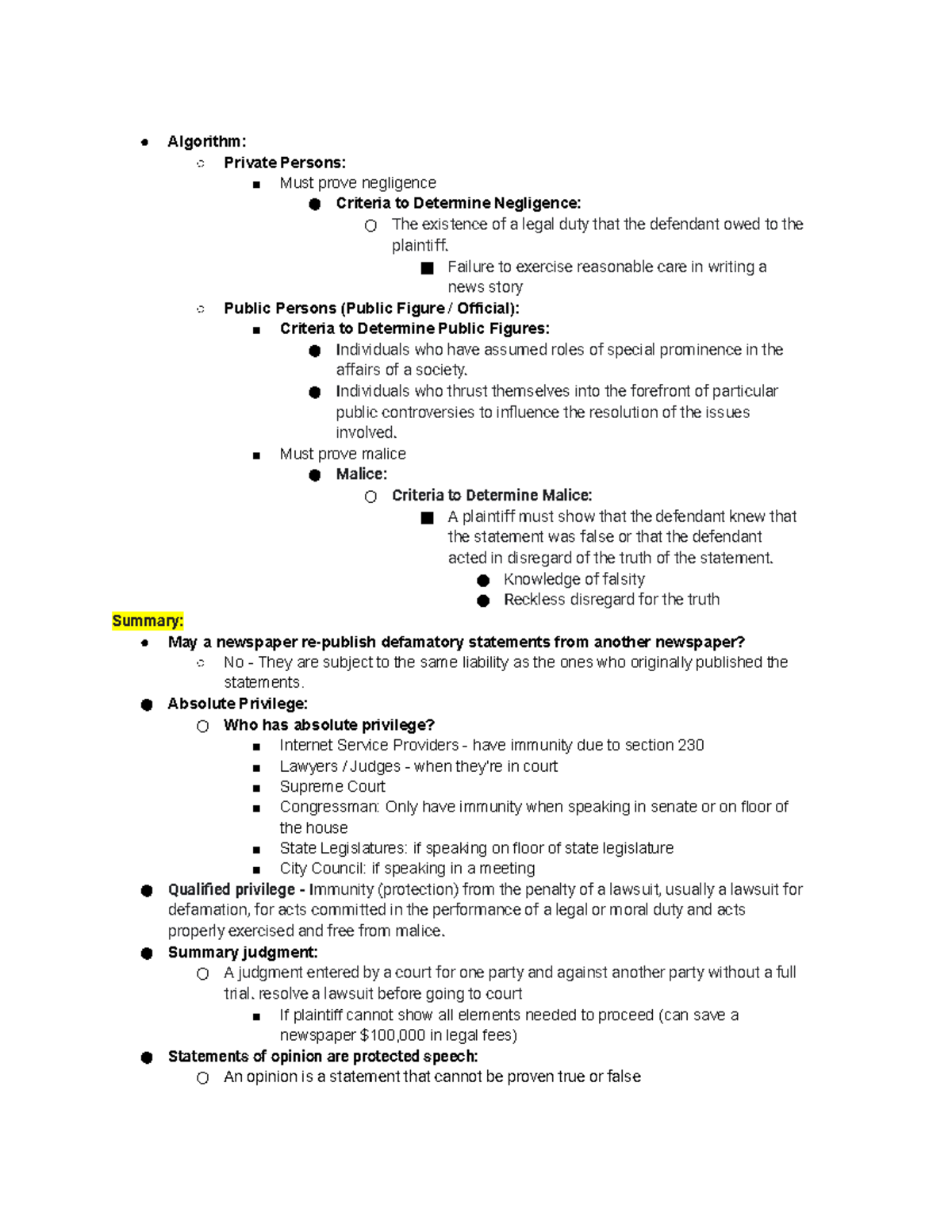 COMM 345 Study Sheet - Algorithm: Private Persons: Must prove ...